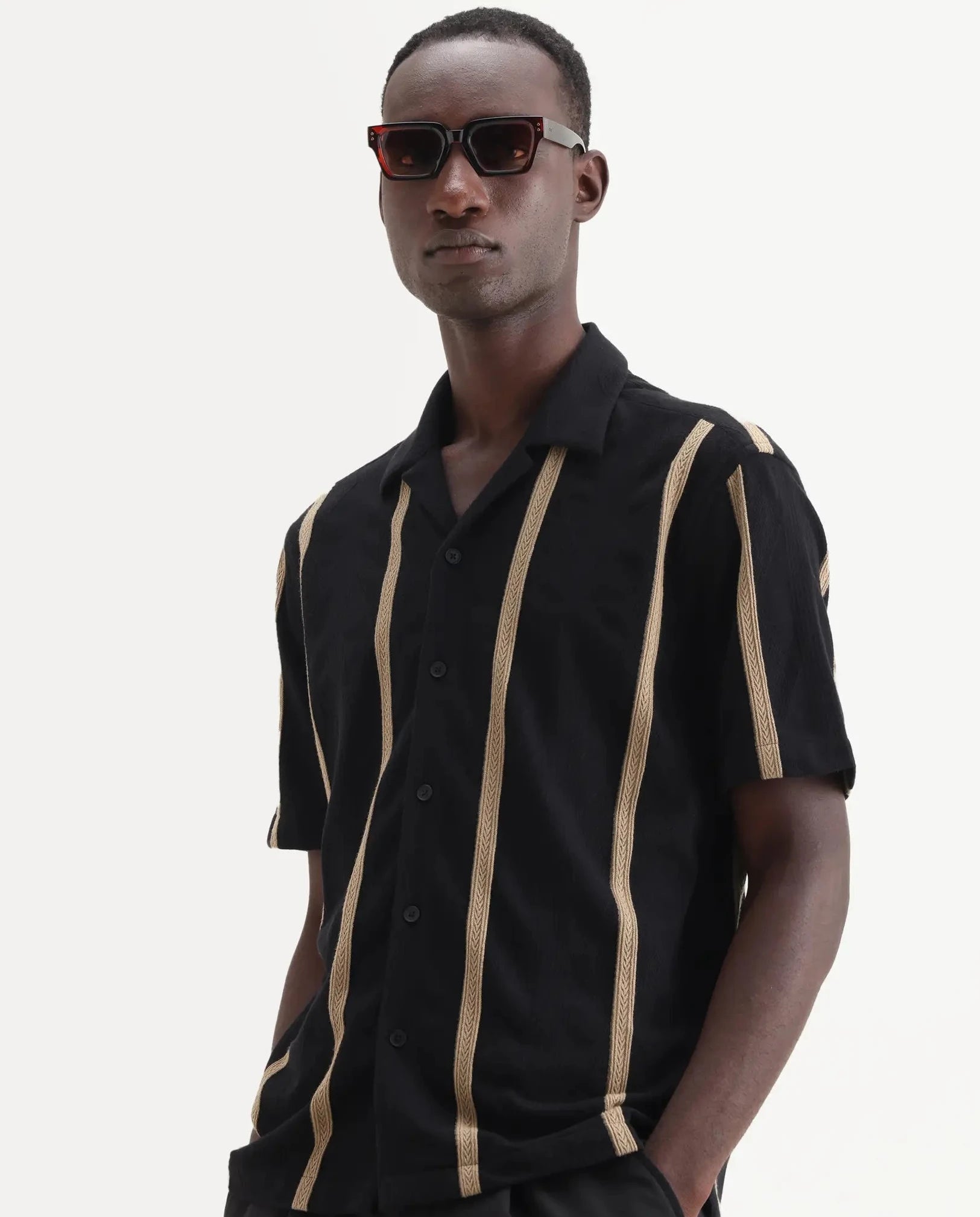 Rare Rabbit Men's Zeti Black Cotton Blend Fabric Half Sleeve Relaxed Fit Striped Shirt