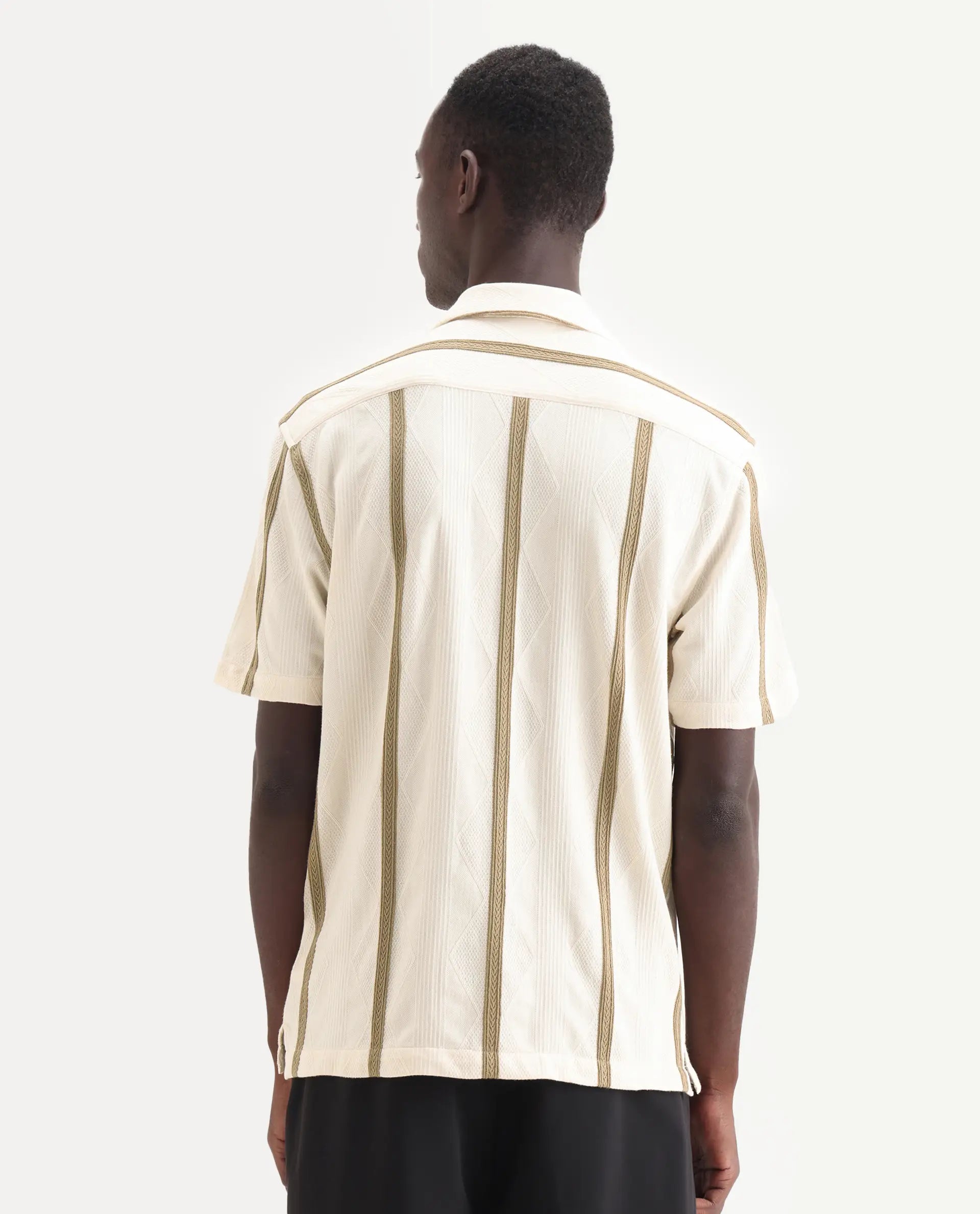 Rare Rabbit Men's Zeti Off White Cotton Blend Fabric Half Sleeve Relaxed Fit Striped Shirt