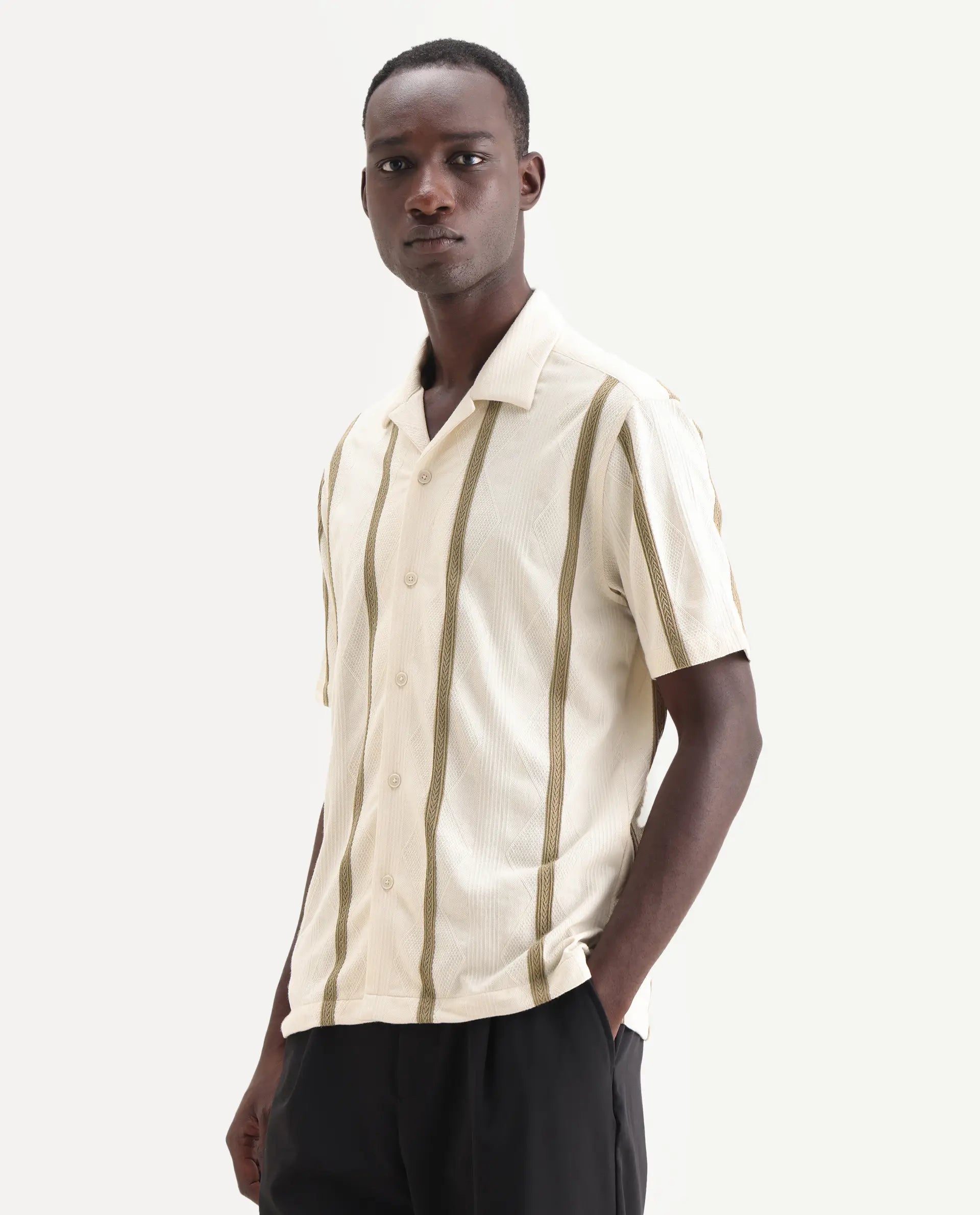 Rare Rabbit Men's Zeti Off White Cotton Blend Fabric Half Sleeve Relaxed Fit Striped Shirt