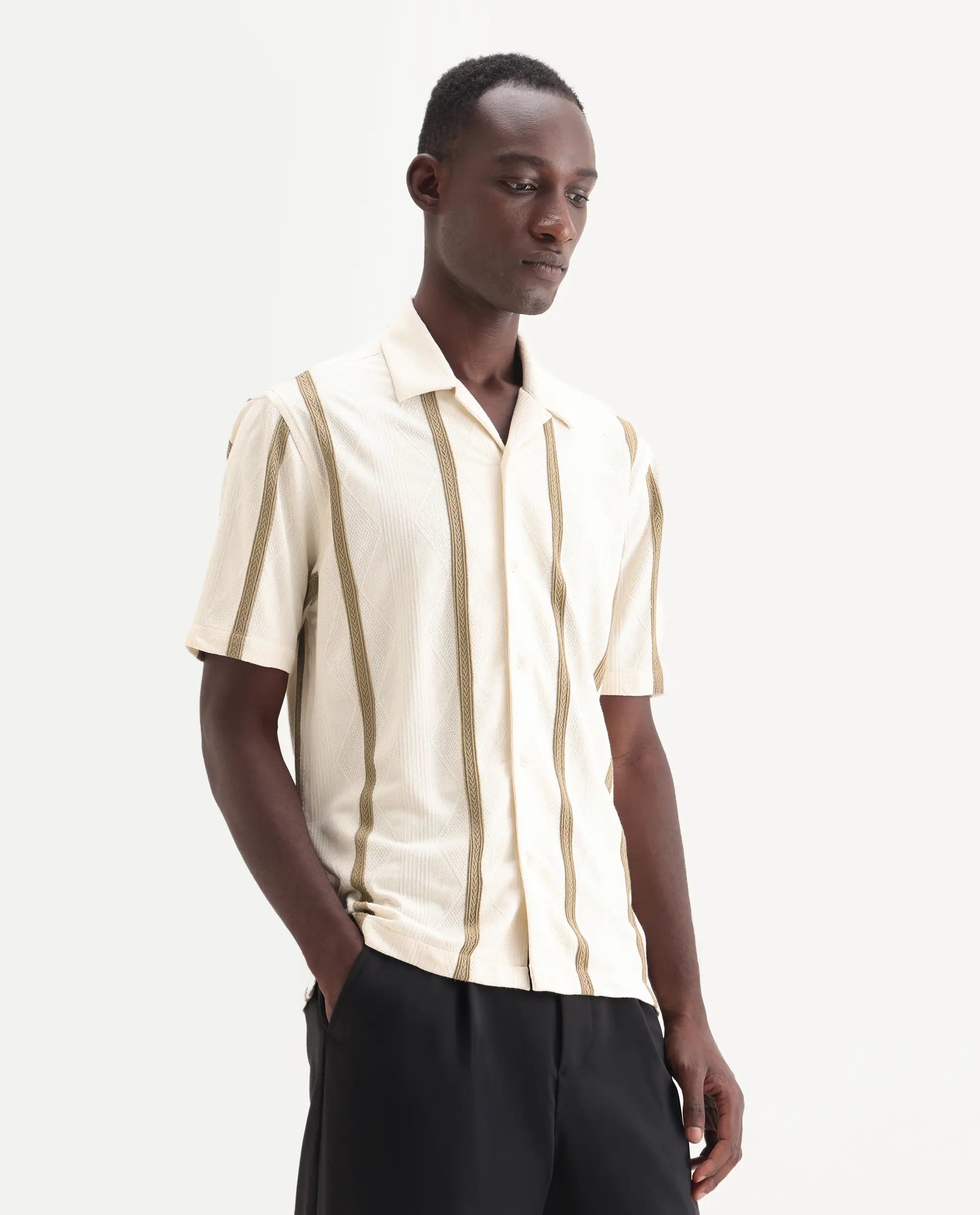 Rare Rabbit Men's Zeti Off White Cotton Blend Fabric Half Sleeve Relaxed Fit Striped Shirt