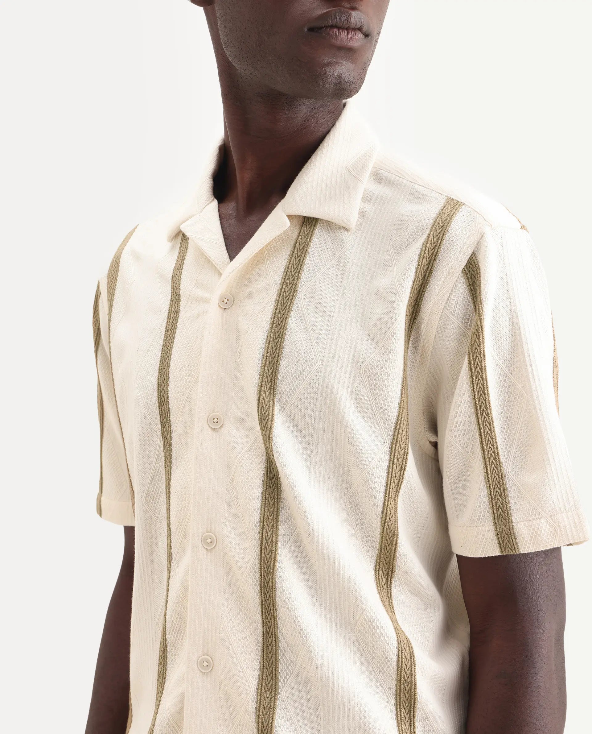 Rare Rabbit Men's Zeti Off White Cotton Blend Fabric Half Sleeve Relaxed Fit Striped Shirt