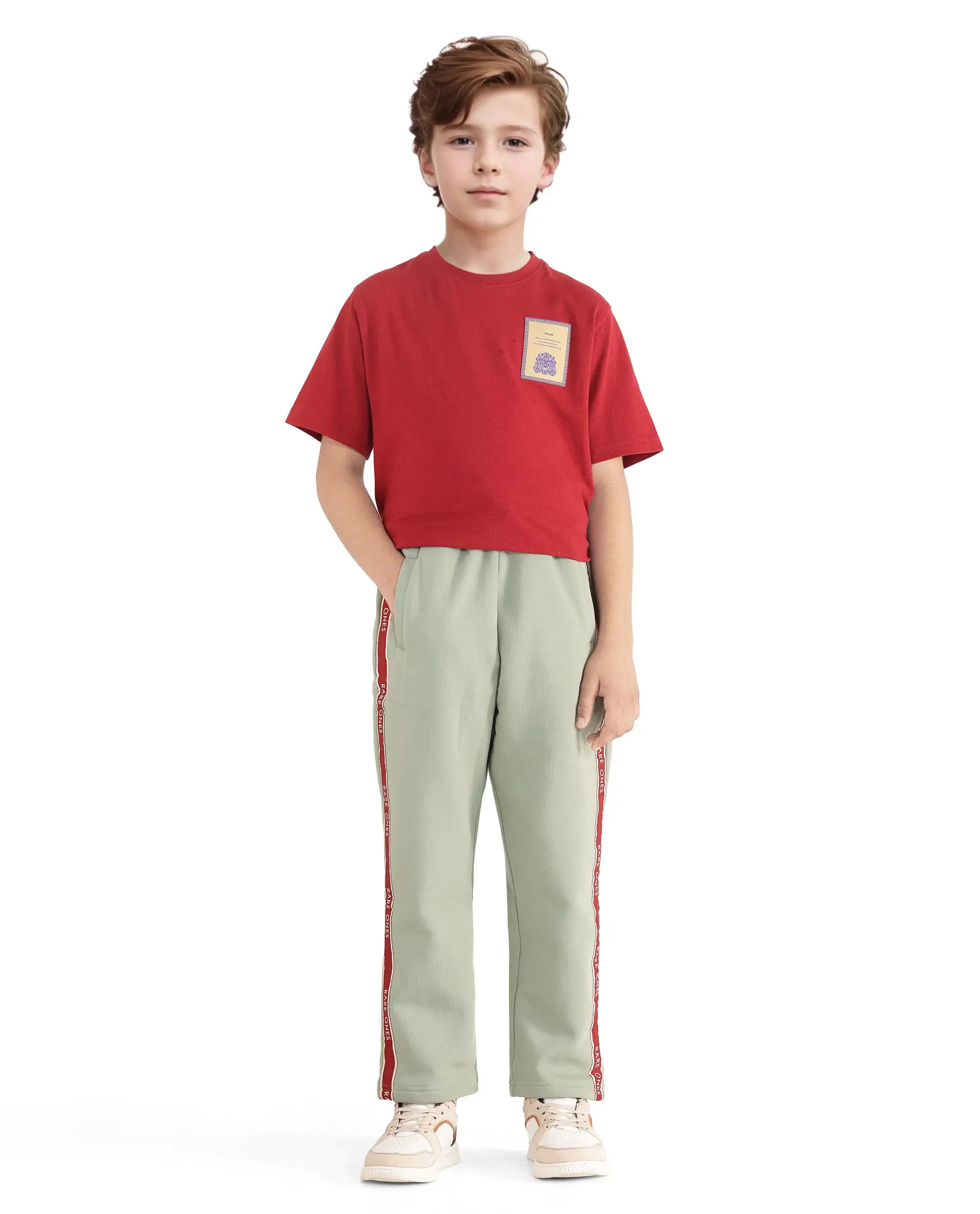 Rare Ones Kids Zeto Dusky Green Cotton Poly Applique Drawstring Closure Trackpant