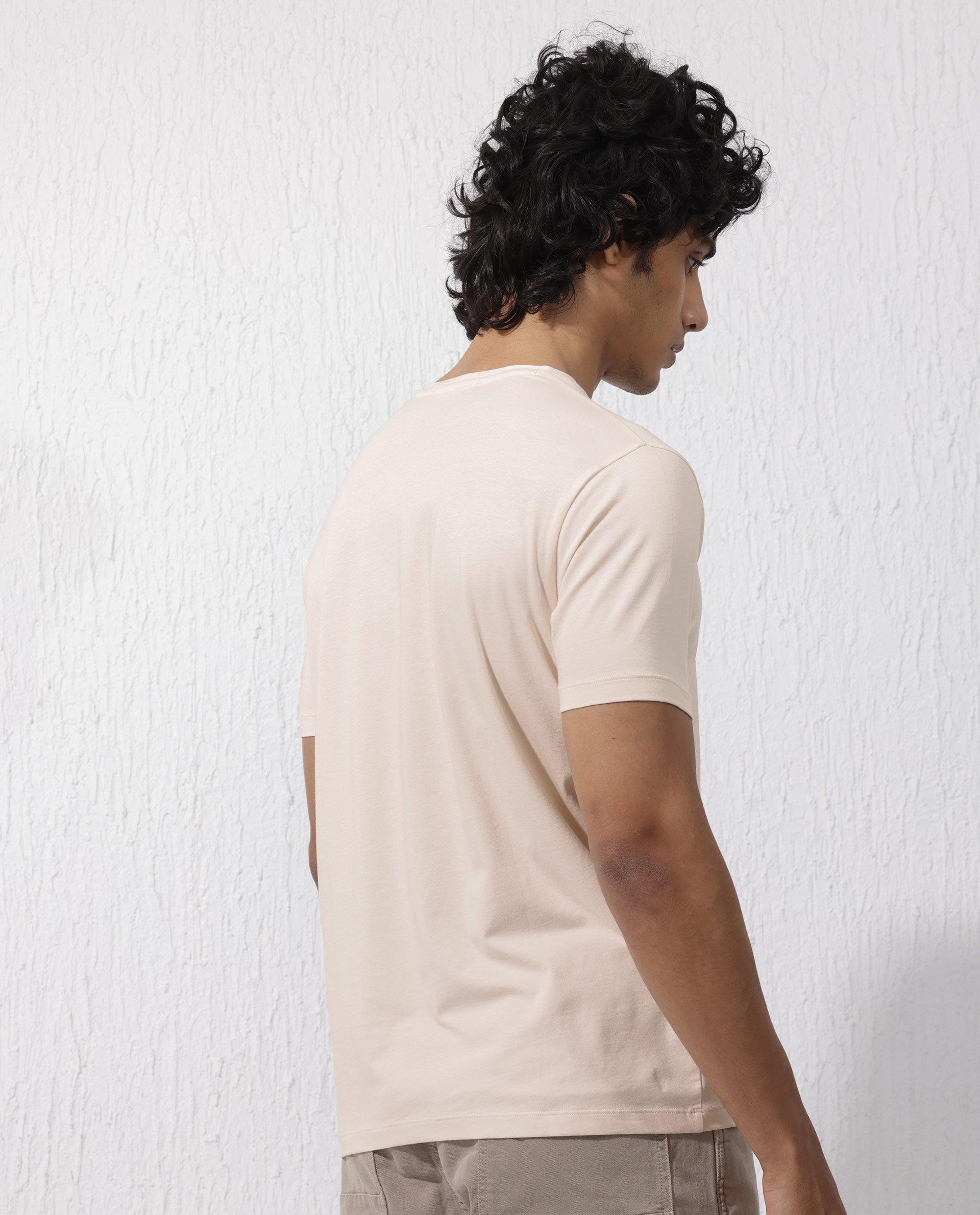 Rare Rabbit Men's Zeus Beige Cotton Lycra Fabric Half Sleeves Graphic Print T-Shirt