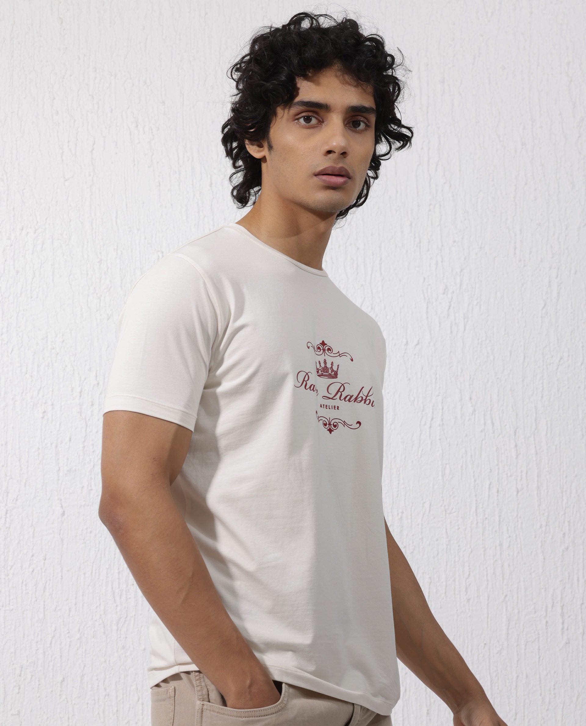 Rare Rabbit Men's Zeus Beige Cotton Lycra Fabric Half Sleeves Graphic Print T-Shirt