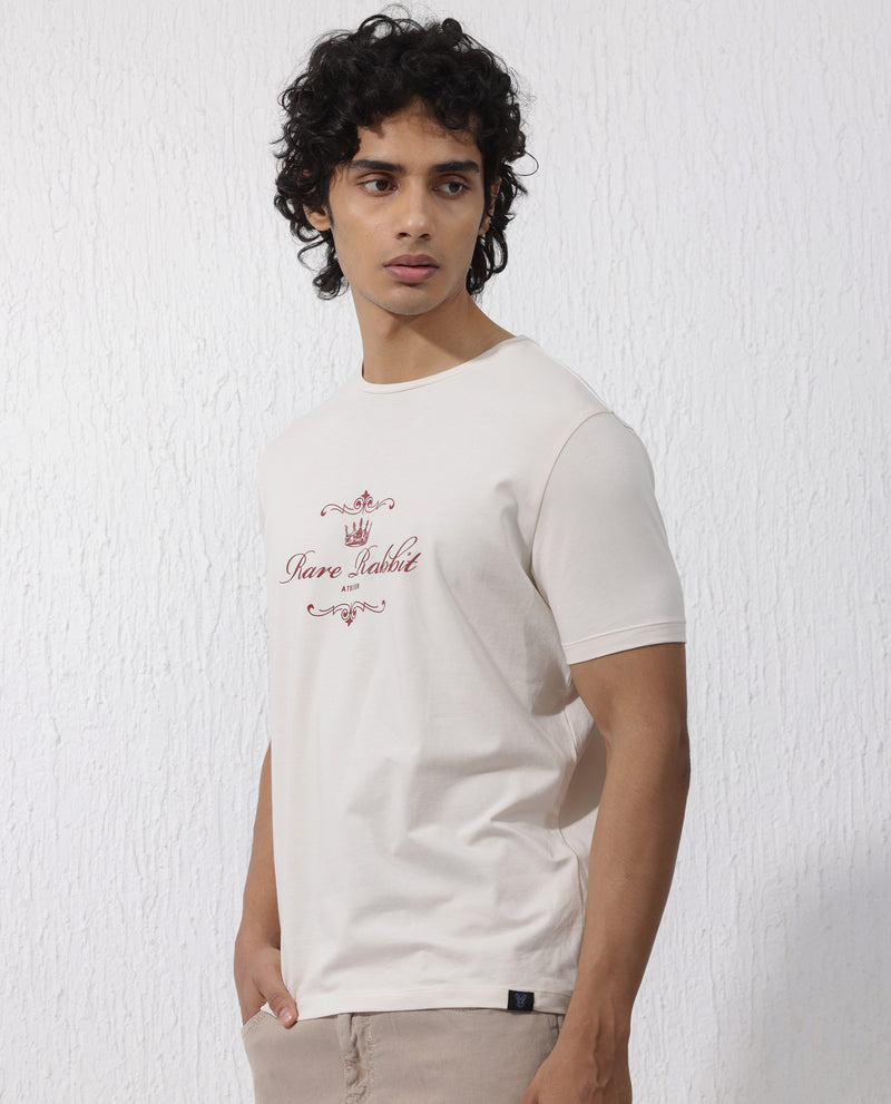 Rare Rabbit Men's Zeus Beige Cotton Lycra Fabric Half Sleeves Graphic Print T-Shirt