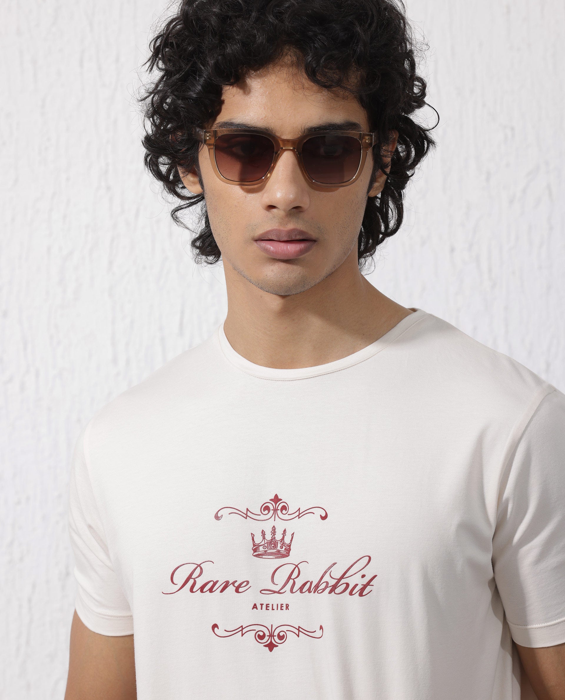 Rare Rabbit Men's Zeus Beige Cotton Lycra Fabric Half Sleeves Graphic Print T-Shirt