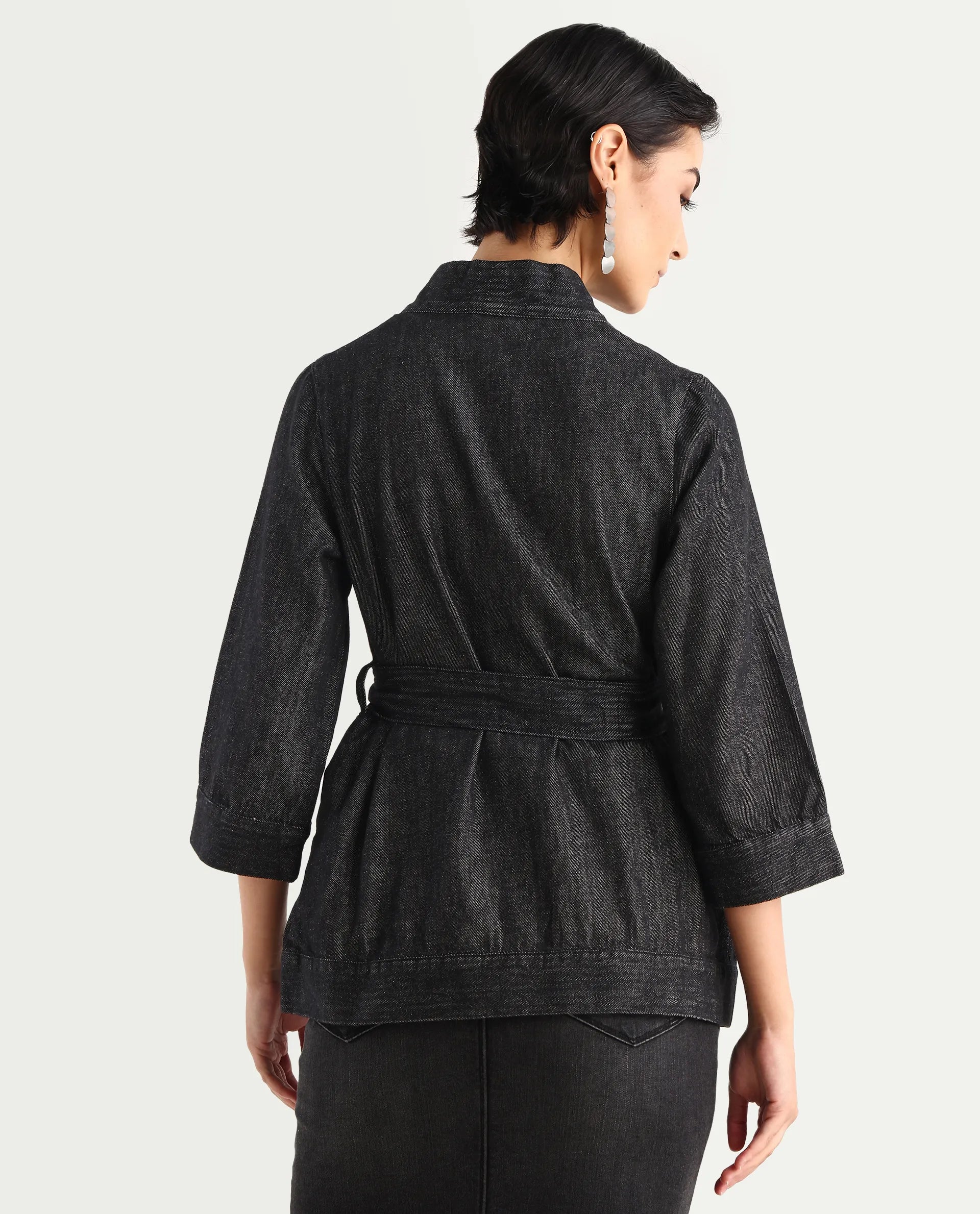 Rareism Women's Zezamy Black Cotton Wrap Neck Plain Regular Fit Jacket