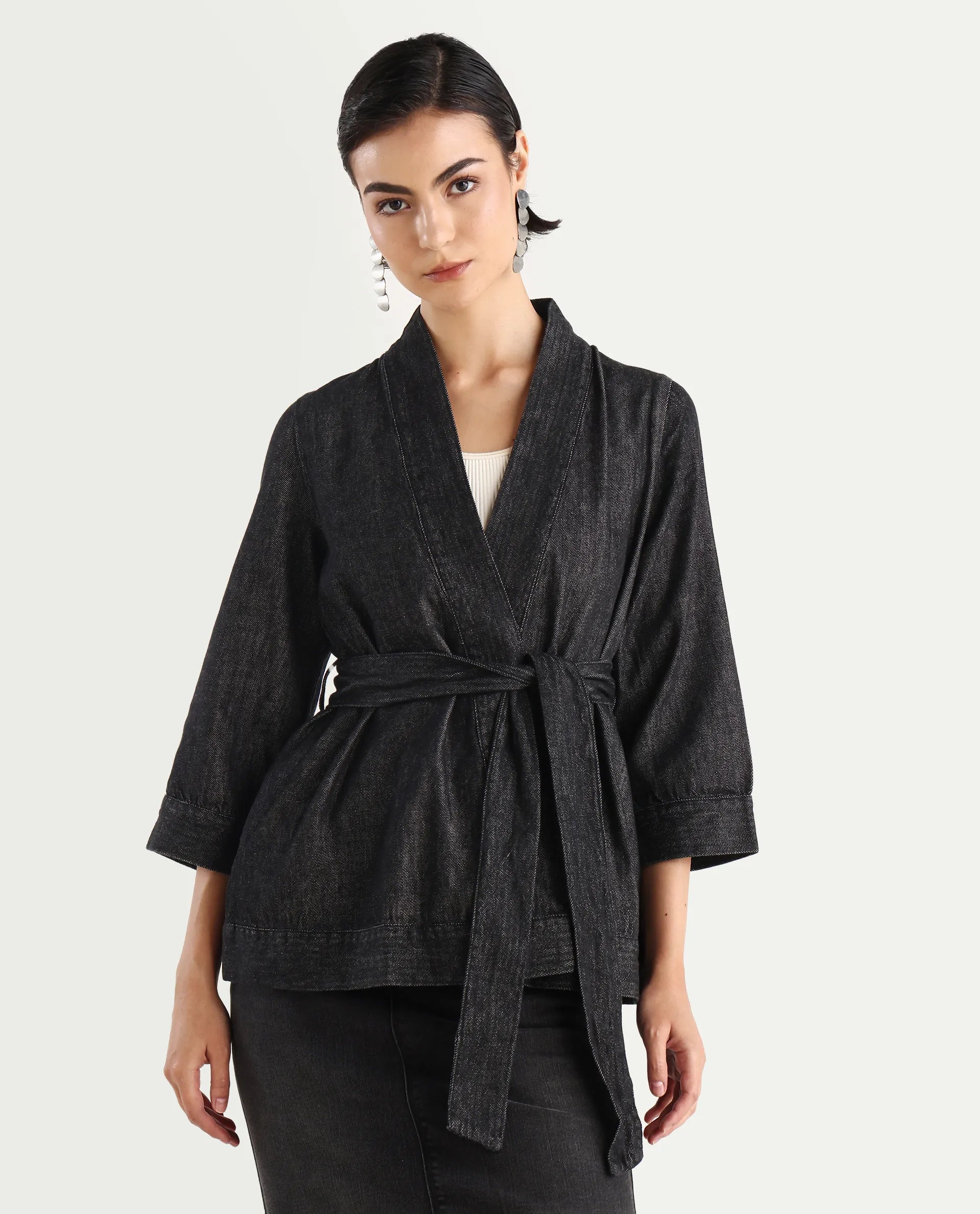 Rareism Women's Zezamy Black Cotton Wrap Neck Plain Regular Fit Jacket