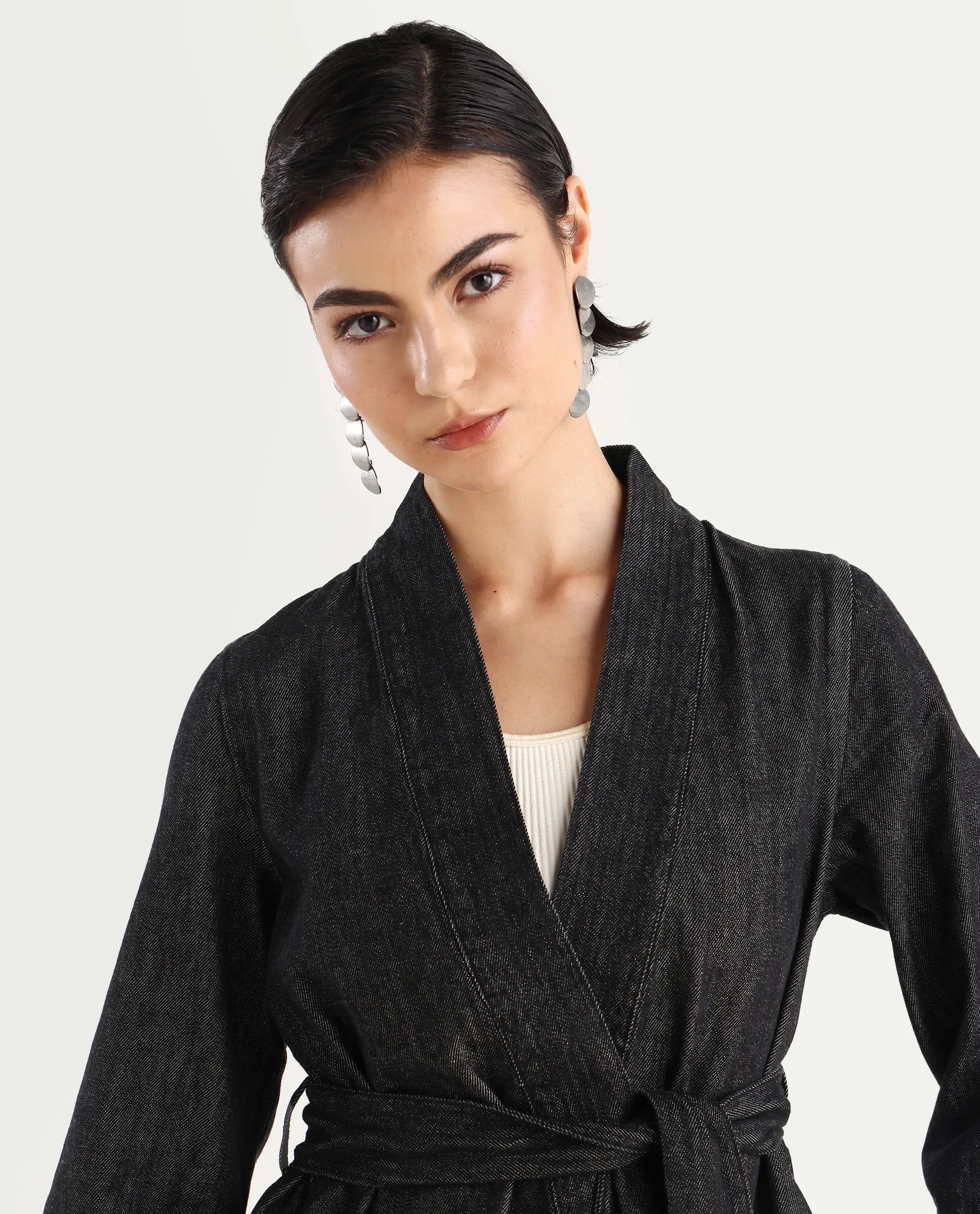 Rareism Women's Zezamy Black Cotton Wrap Neck Plain Regular Fit Jacket