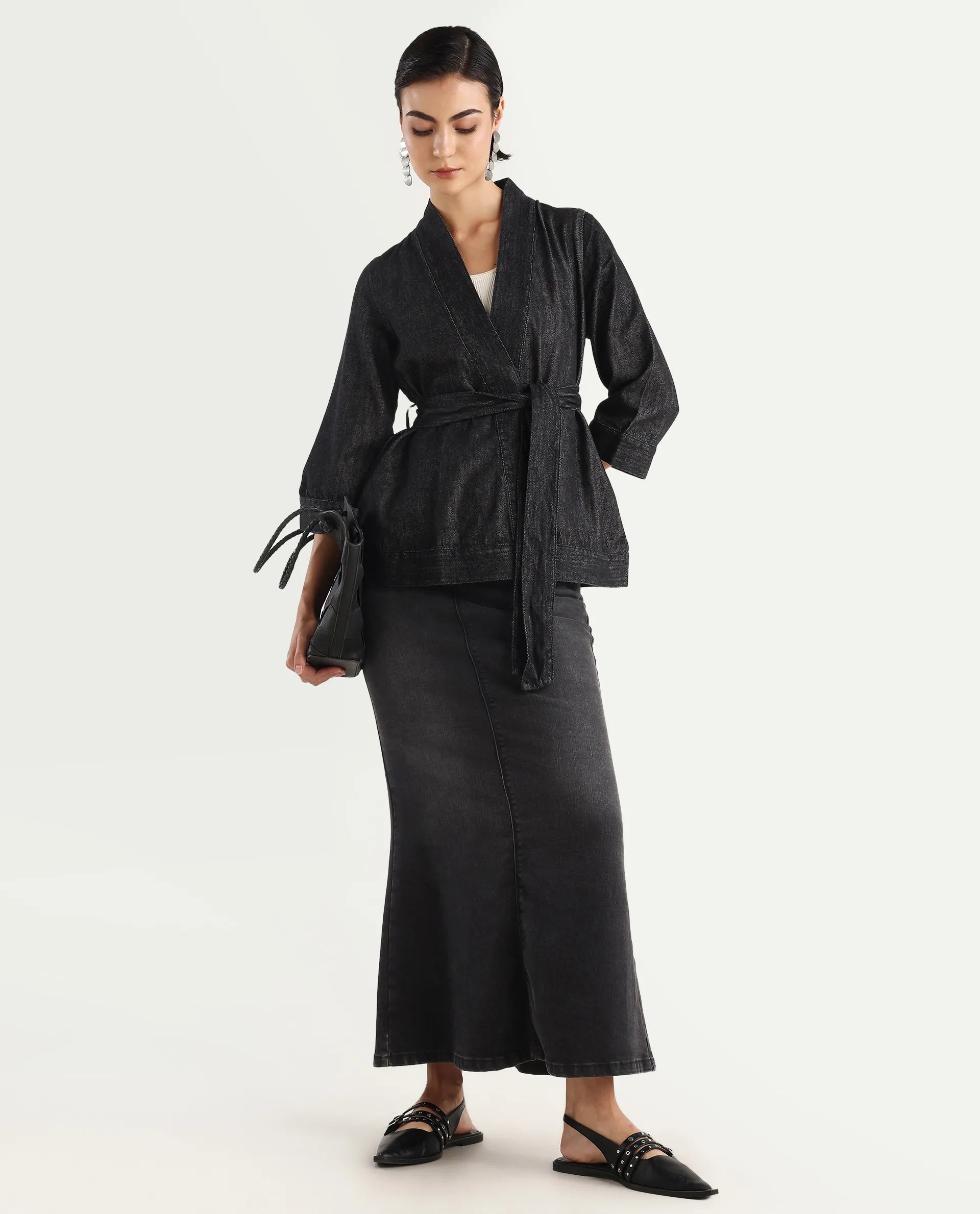 Rareism Women's Zezamy Black Cotton Wrap Neck Plain Regular Fit Jacket