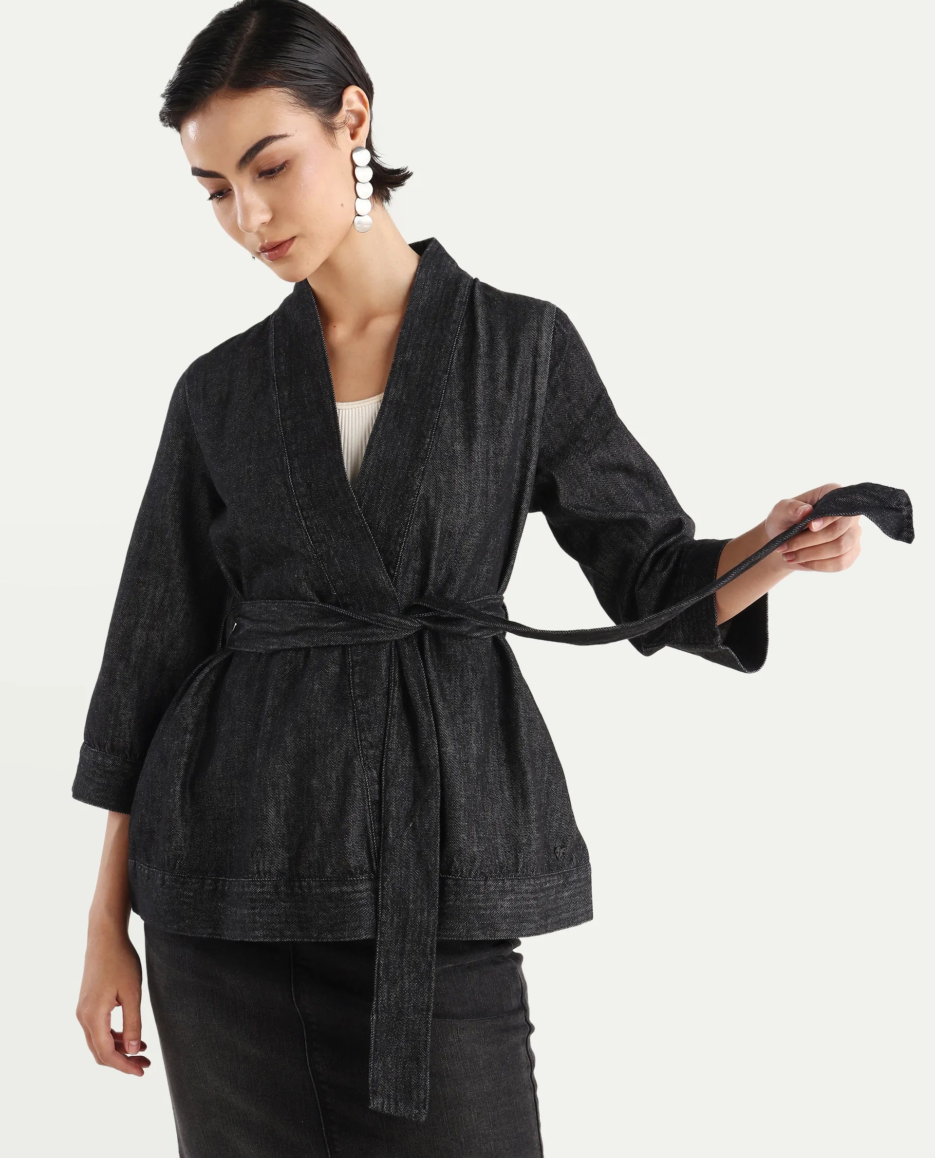 Rareism Women's Zezamy Black Cotton Wrap Neck Plain Regular Fit Jacket