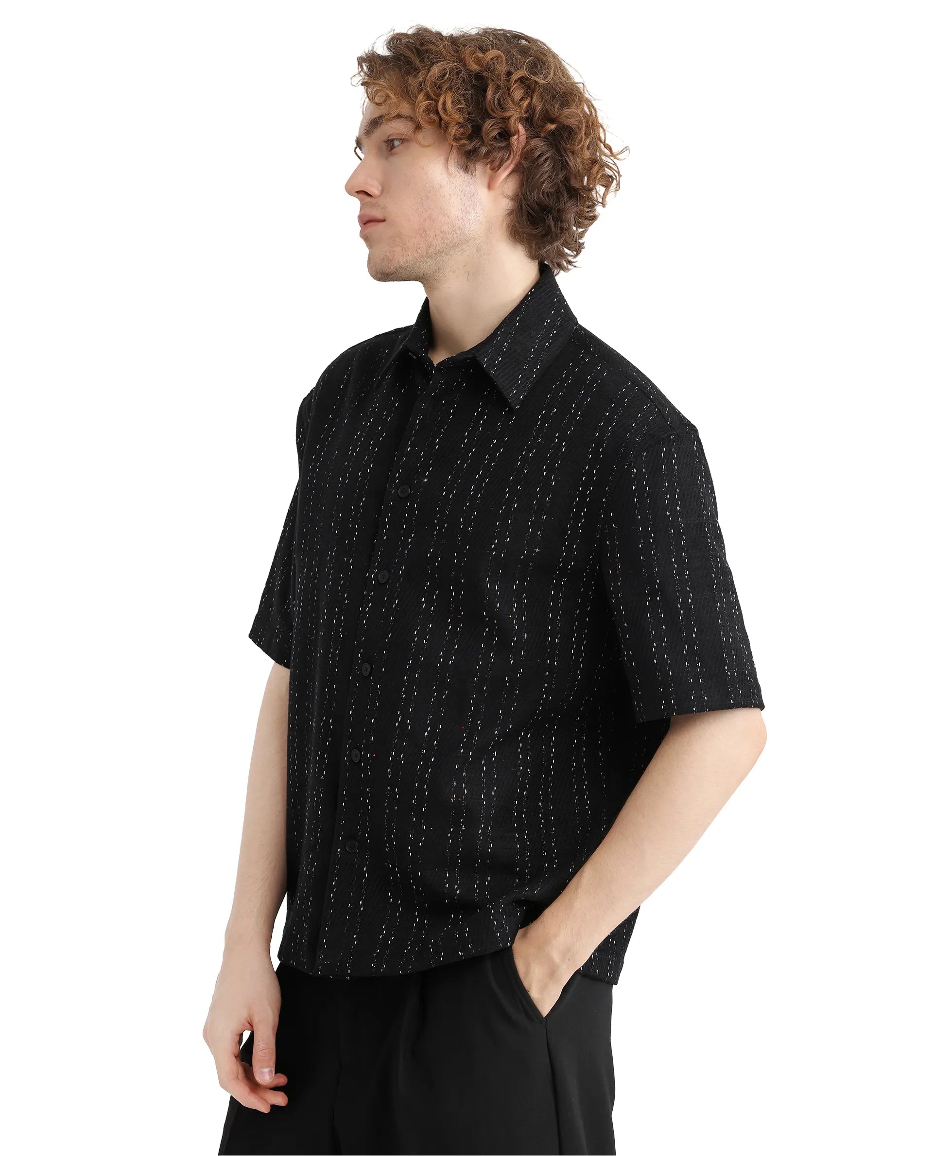 Rare Rabbit Men's Zhet Navy Cotton Fabric Short Sleeve Collared Neck Button Closure Printed Shirt