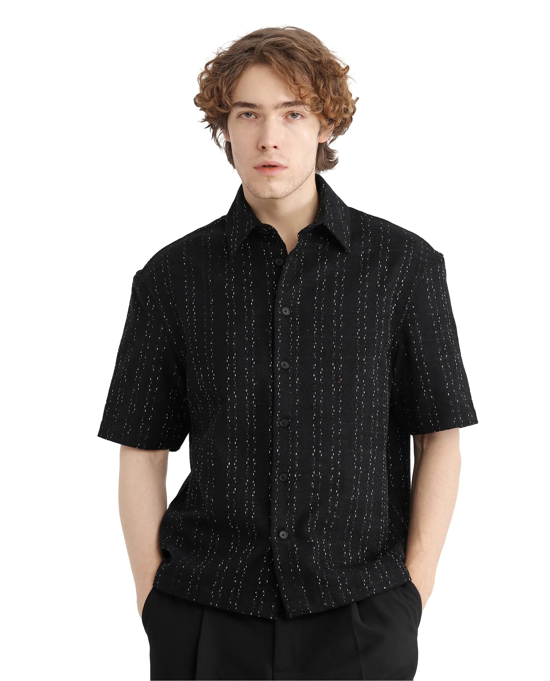 Rare Rabbit Men's Zhet Navy Cotton Fabric Short Sleeve Collared Neck Button Closure Printed Shirt