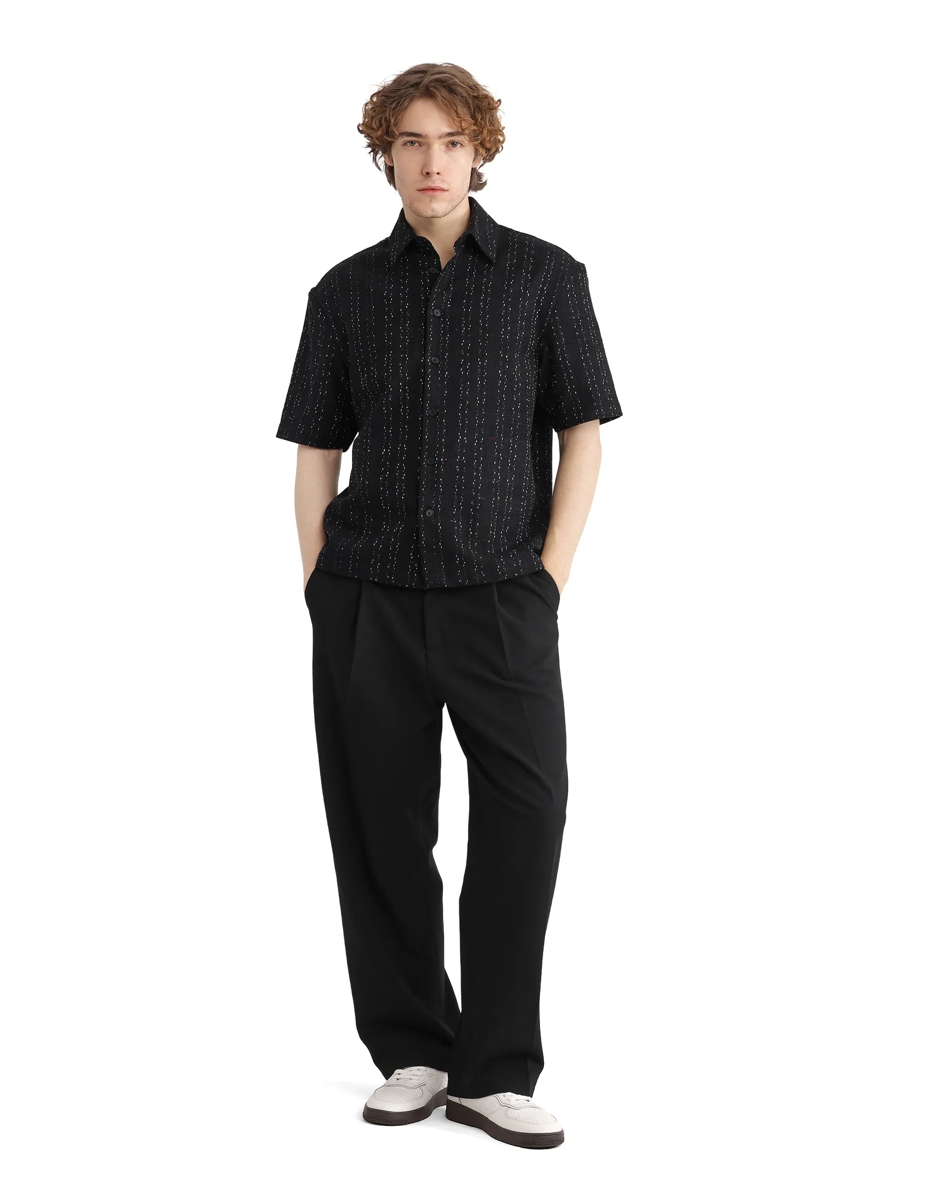 Rare Rabbit Men's Zhet Navy Cotton Fabric Short Sleeve Collared Neck Button Closure Printed Shirt