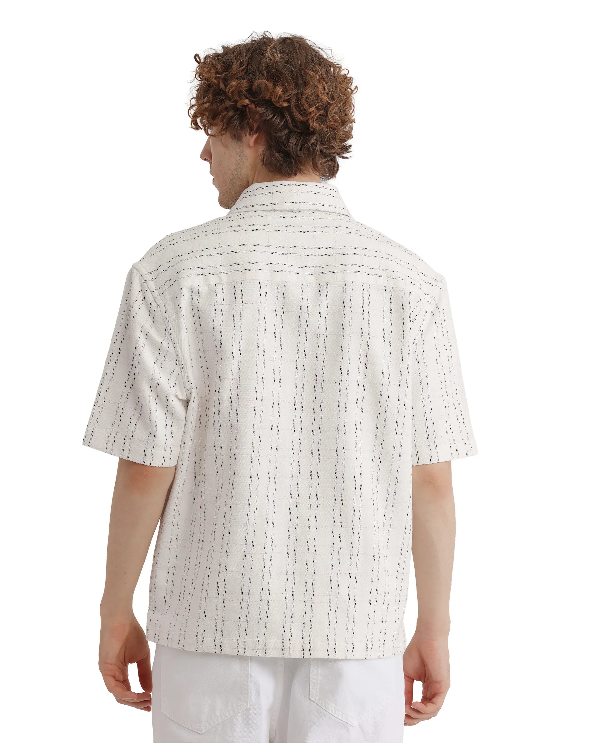 Rare Rabbit Men's Zhet White Cotton Fabric Short Sleeve Collared Neck Button Closure Printed Shirt