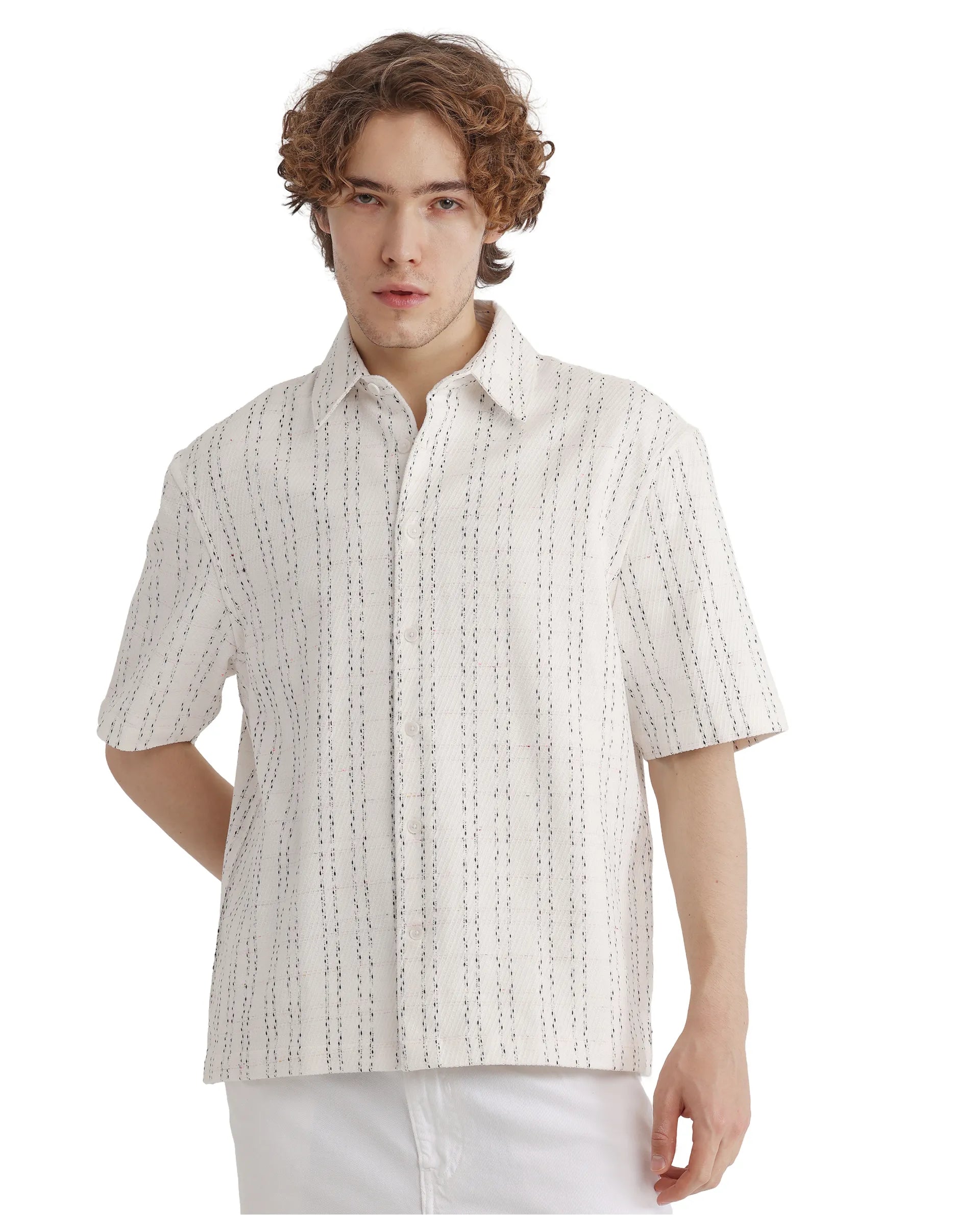 Rare Rabbit Men's Zhet White Cotton Fabric Short Sleeve Collared Neck Button Closure Printed Shirt