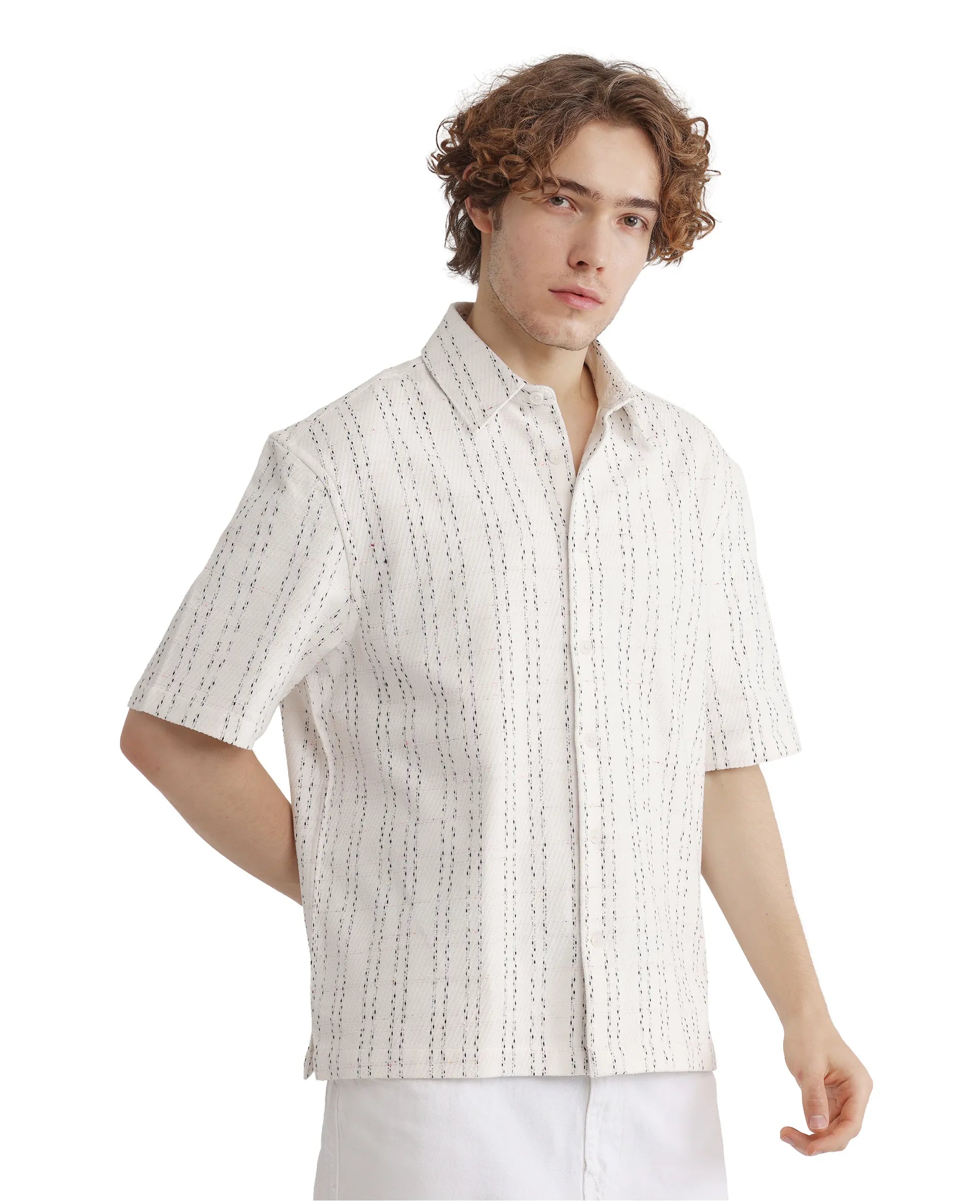 Rare Rabbit Men's Zhet White Cotton Fabric Short Sleeve Collared Neck Button Closure Printed Shirt