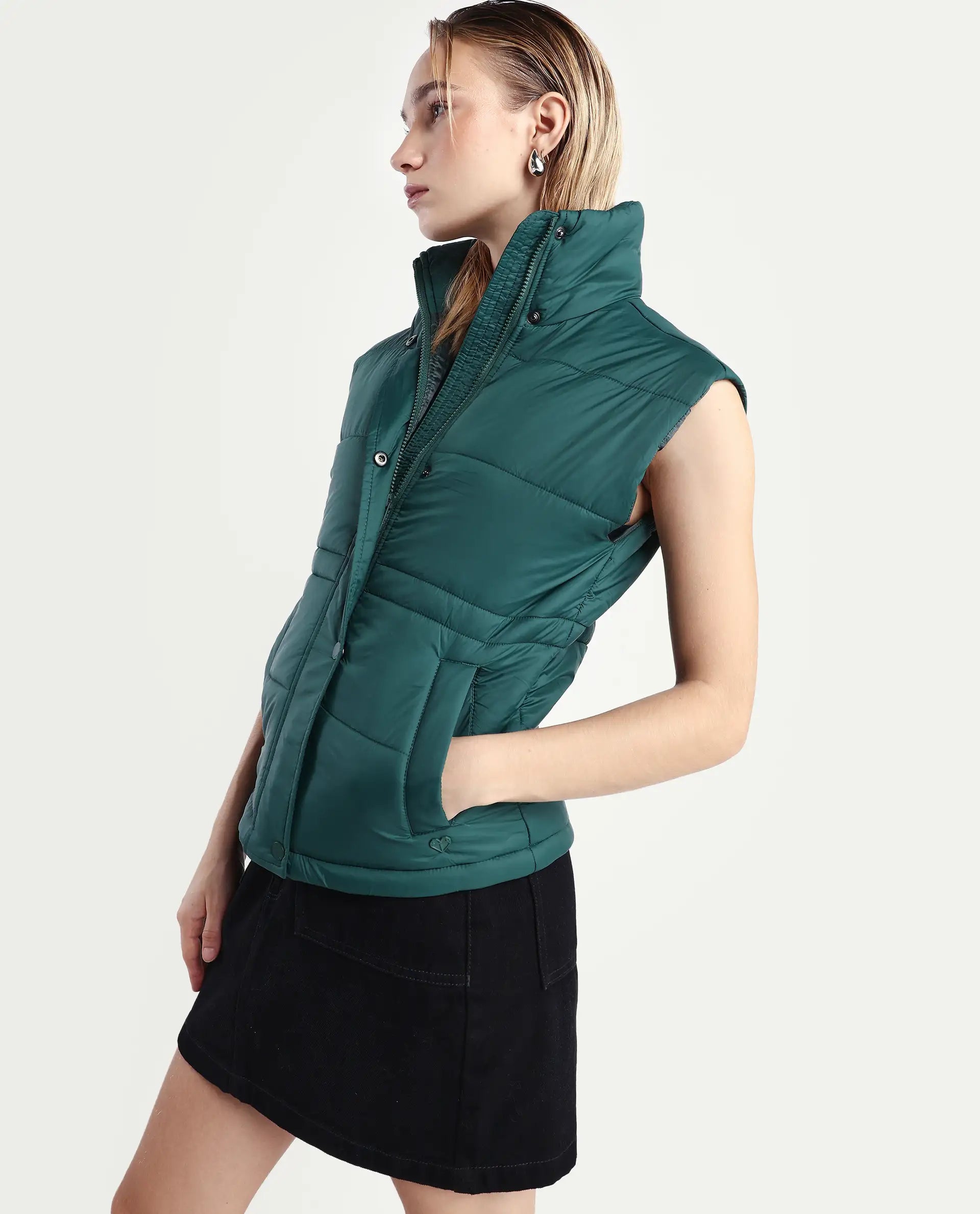 Rareism Women's Ziazan Green Polyester High Neck Plain Sleeveless Regular Fit Jacket