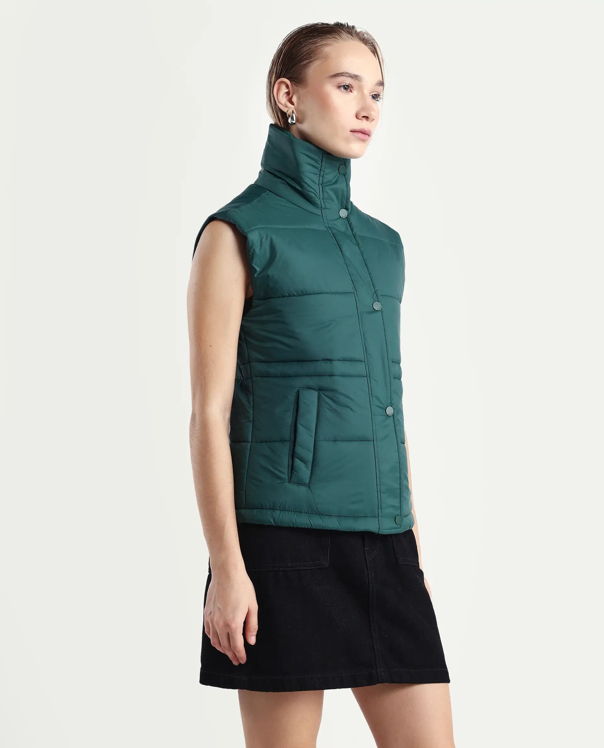 Rareism Women's Ziazan Green Polyester High Neck Plain Sleeveless Regular Fit Jacket