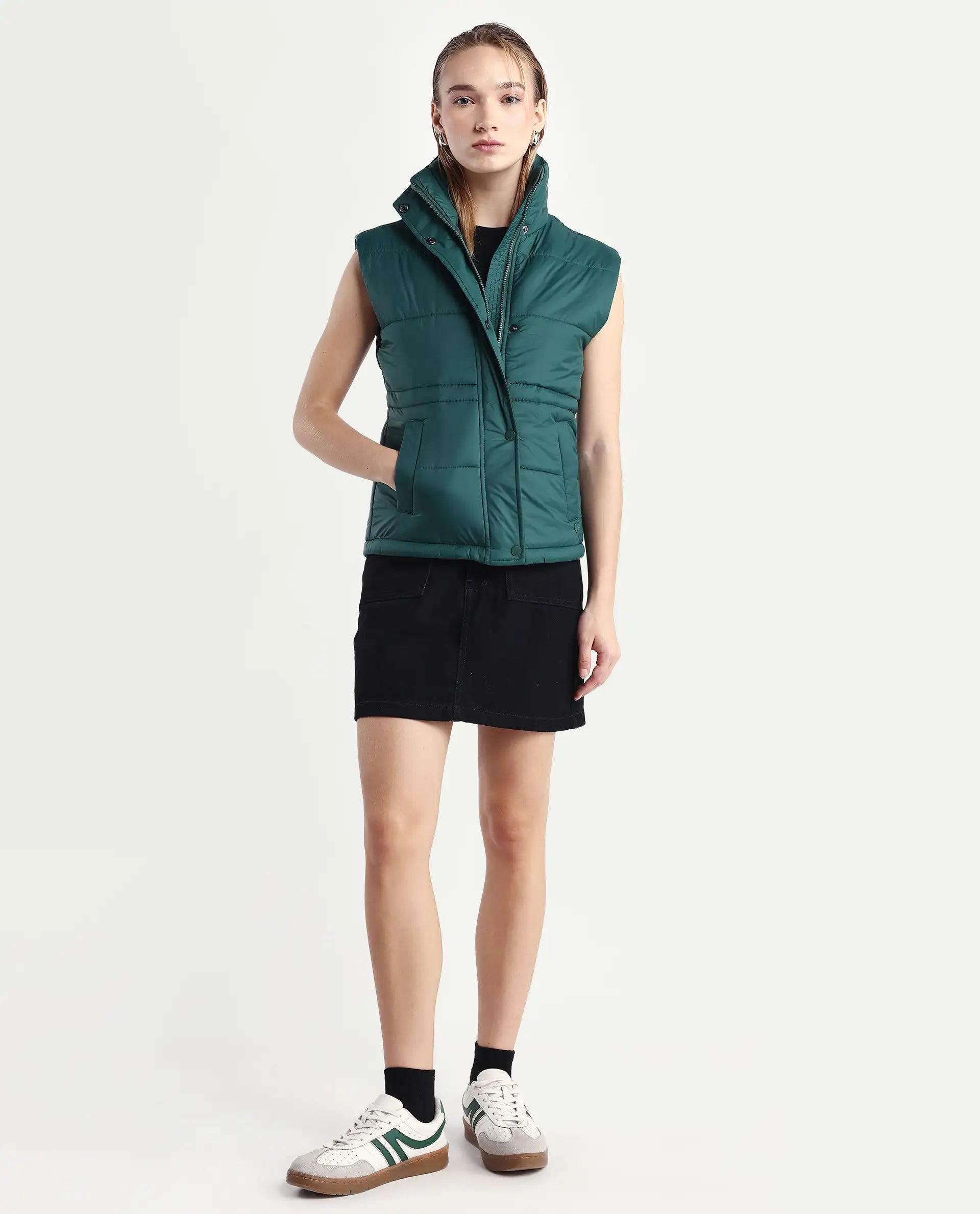 Rareism Women's Ziazan Green Polyester High Neck Plain Sleeveless Regular Fit Jacket