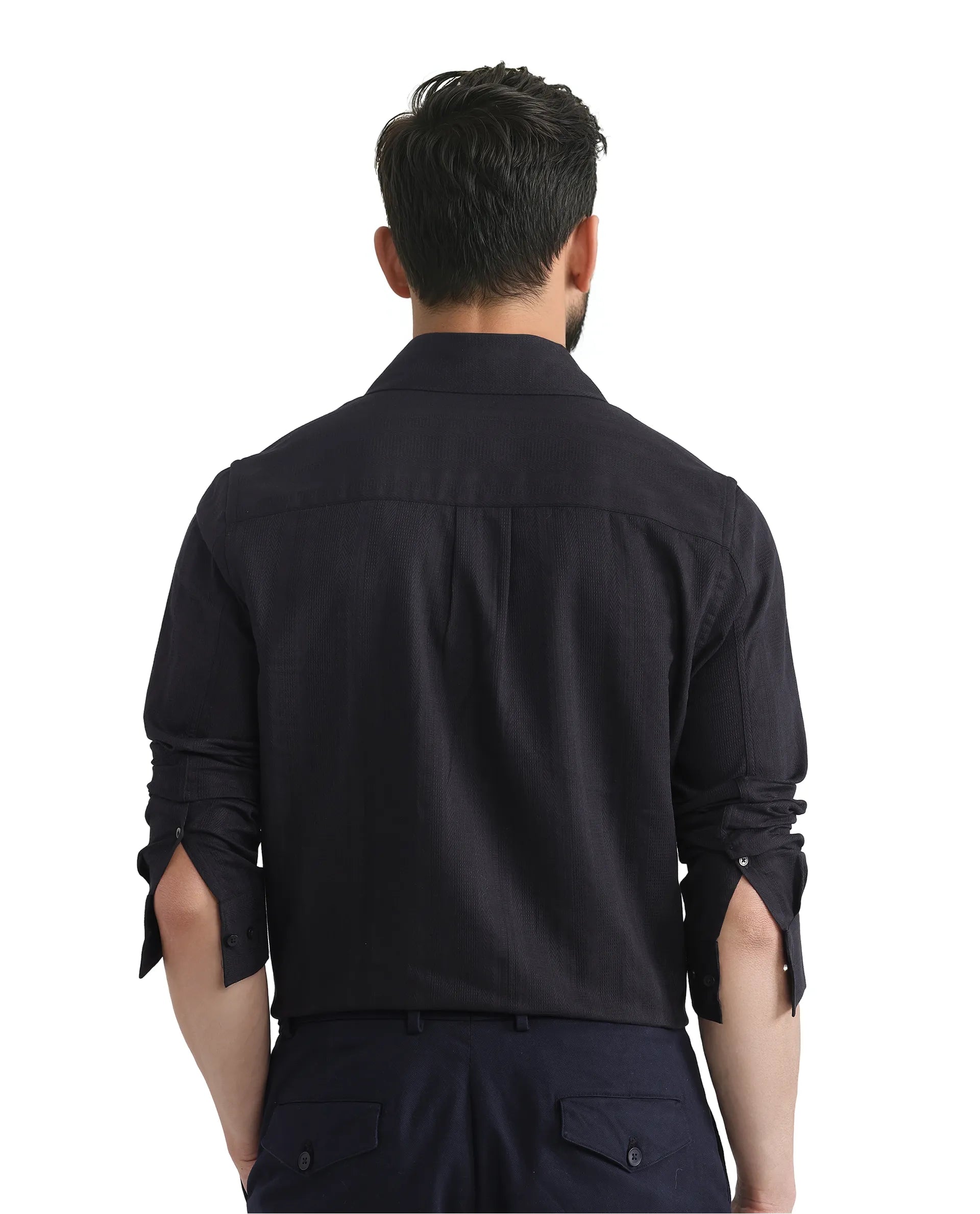 Rare Rabbit Men Zift Black Cotton Blend Fabric Full Sleeve Regular Collared Button Closure Regular Fit Dobby Weave Shirt