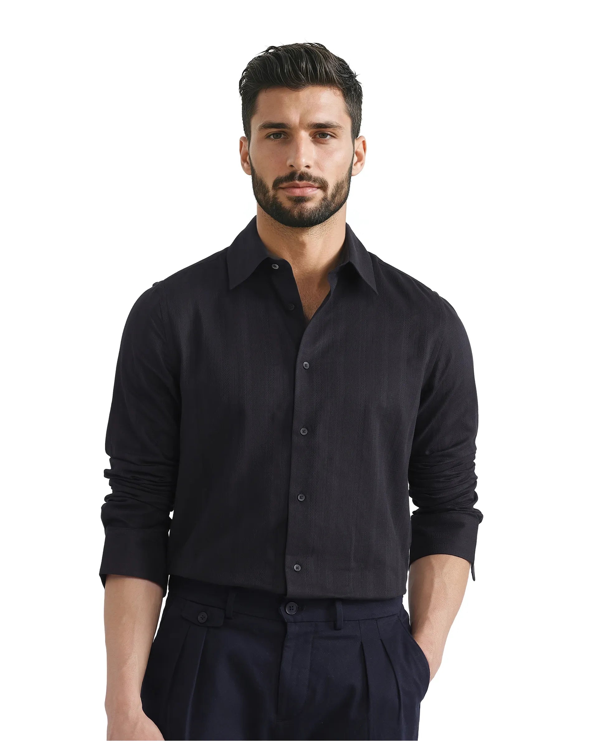 Rare Rabbit Men Zift Black Cotton Blend Fabric Full Sleeve Regular Collared Button Closure Regular Fit Dobby Weave Shirt