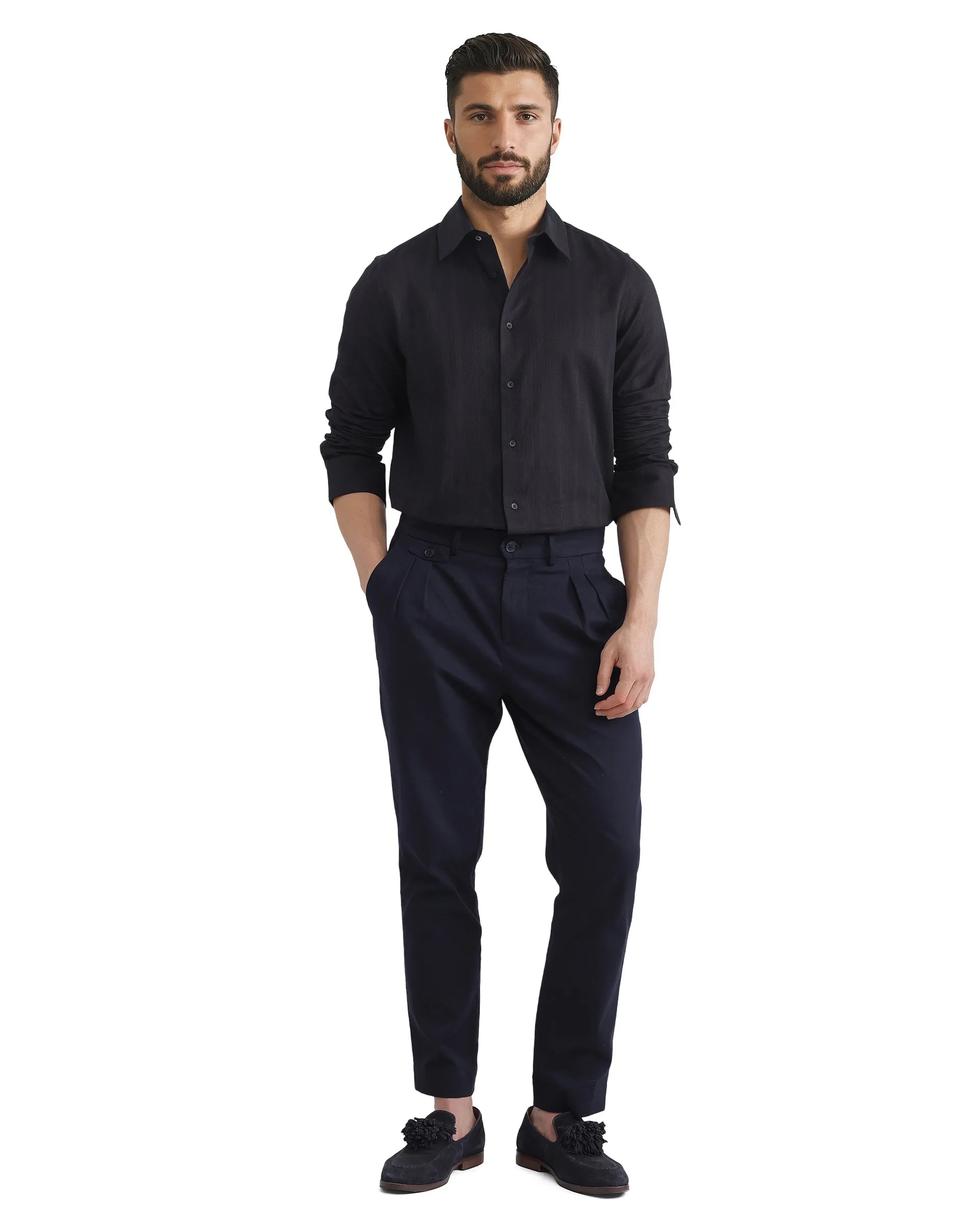 Rare Rabbit Men Zift Black Cotton Blend Fabric Full Sleeve Regular Collared Button Closure Regular Fit Dobby Weave Shirt