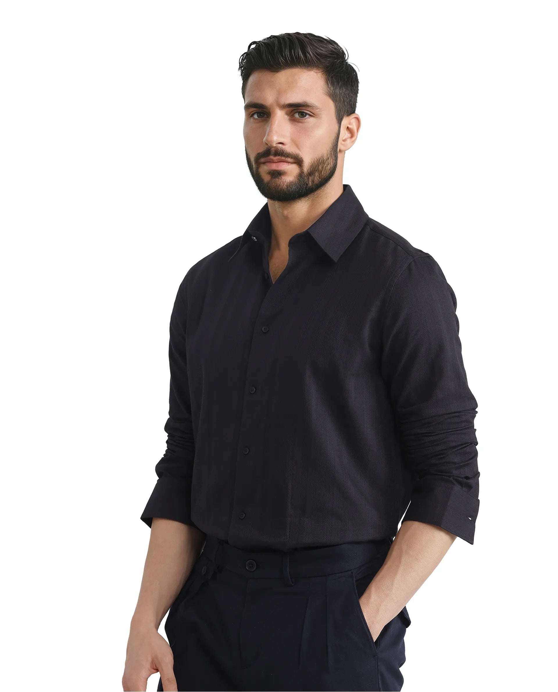 Rare Rabbit Men Zift Black Cotton Blend Fabric Full Sleeve Regular Collared Button Closure Regular Fit Dobby Weave Shirt