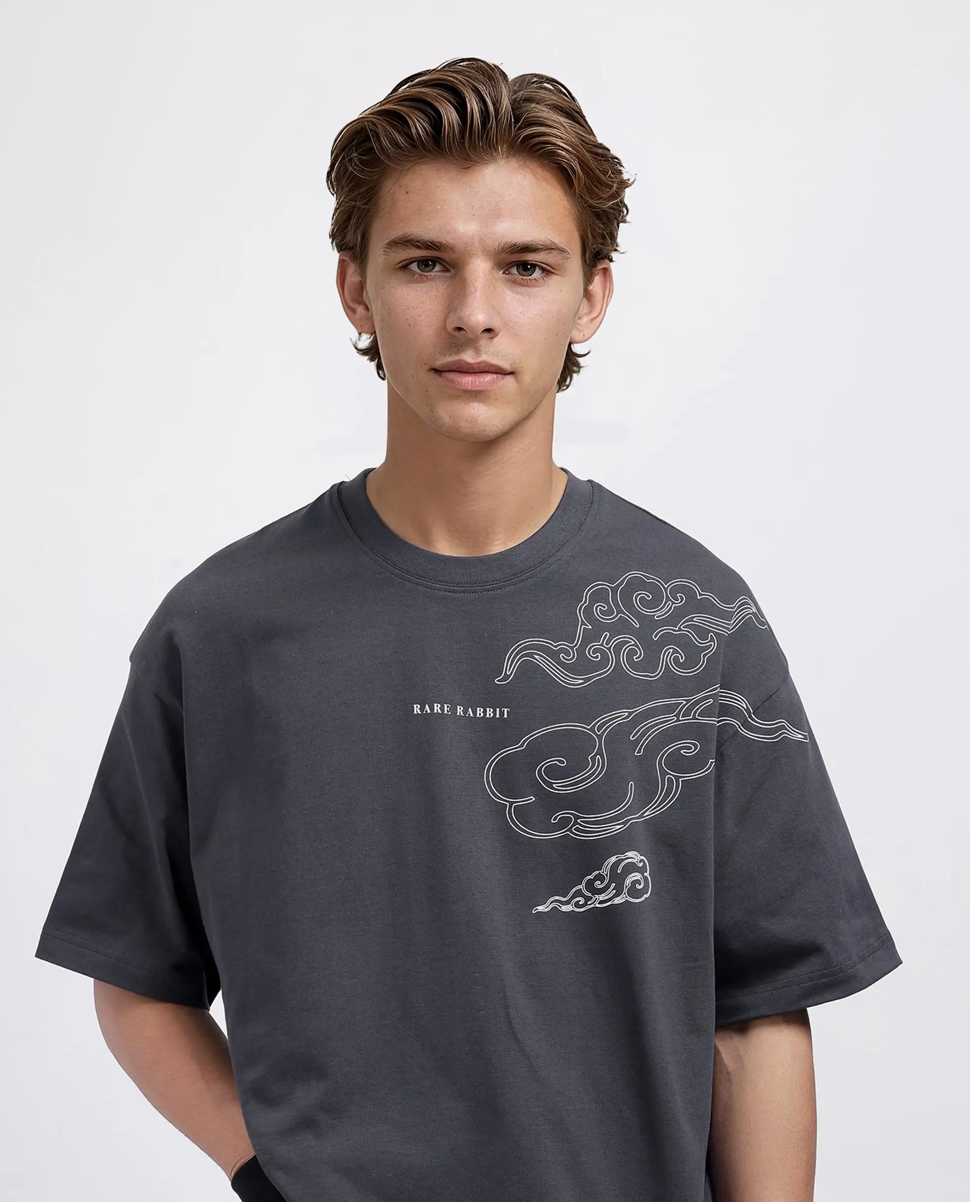 Rare Rabbit Men Zig Dark Grey Cotton Fabric Short Sleeve Crew Neck Slip-On Oversized Fit Graphic Print T-Shirt