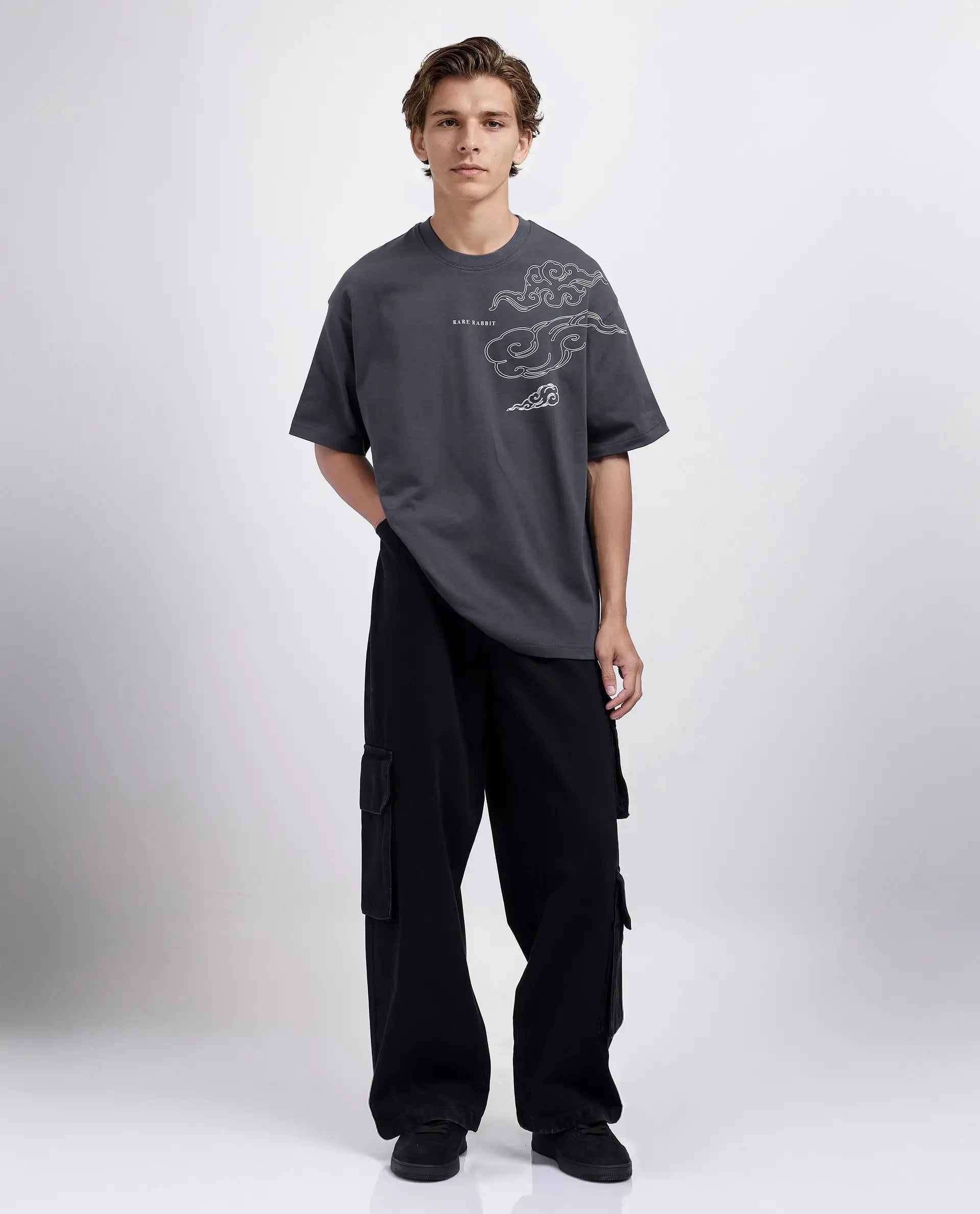 Rare Rabbit Men Zig Dark Grey Cotton Fabric Short Sleeve Crew Neck Slip-On Oversized Fit Graphic Print T-Shirt