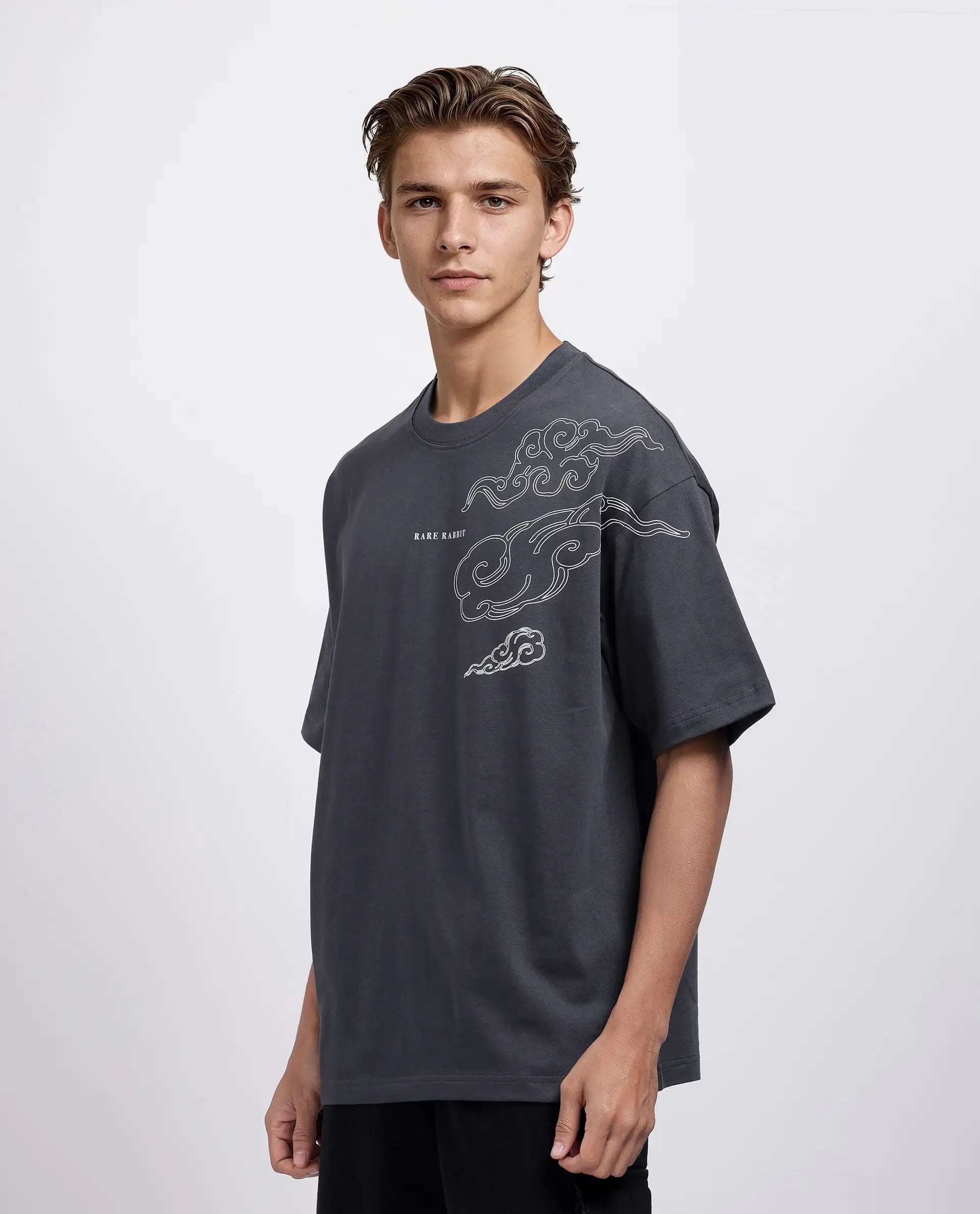 Rare Rabbit Men Zig Dark Grey Cotton Fabric Short Sleeve Crew Neck Slip-On Oversized Fit Graphic Print T-Shirt