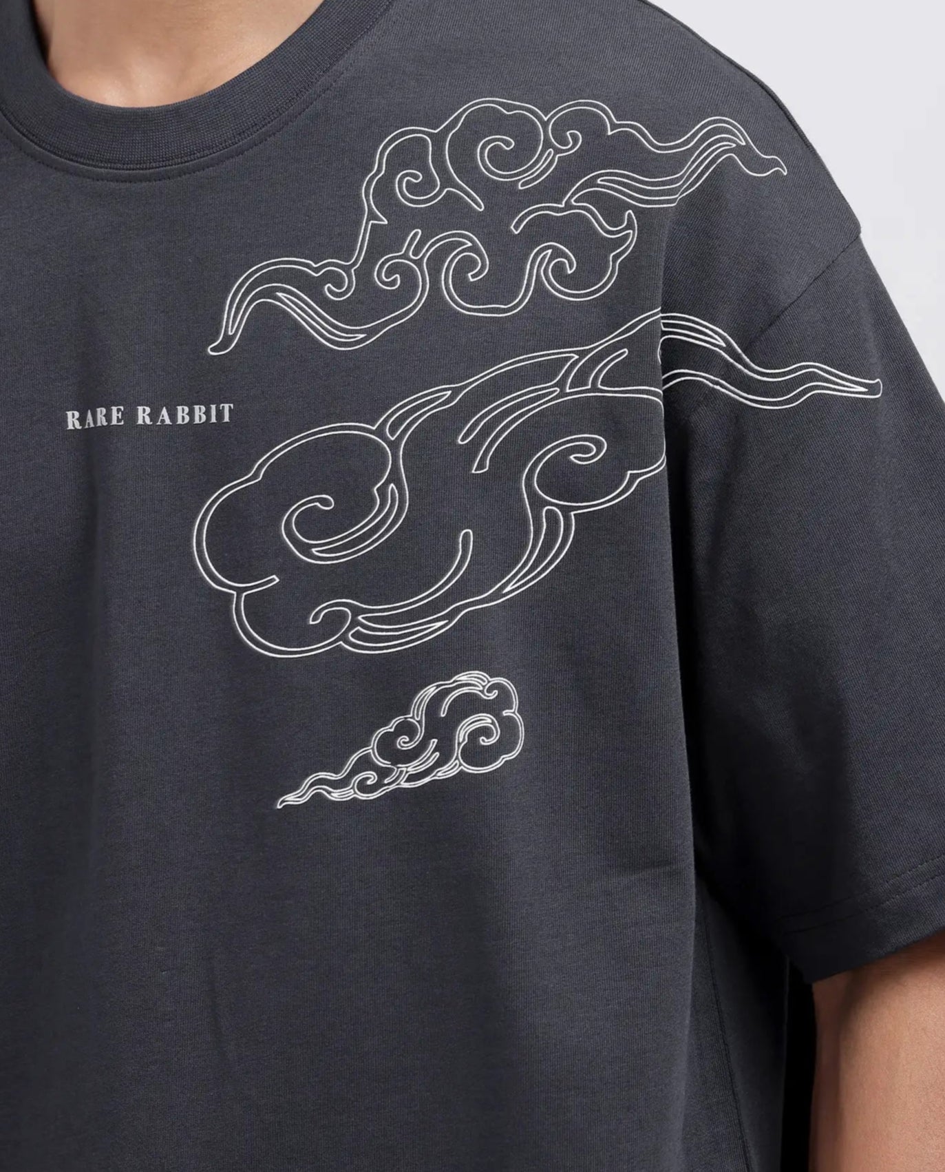 Rare Rabbit Men Zig Dark Grey Cotton Fabric Short Sleeve Crew Neck Slip-On Oversized Fit Graphic Print T-Shirt