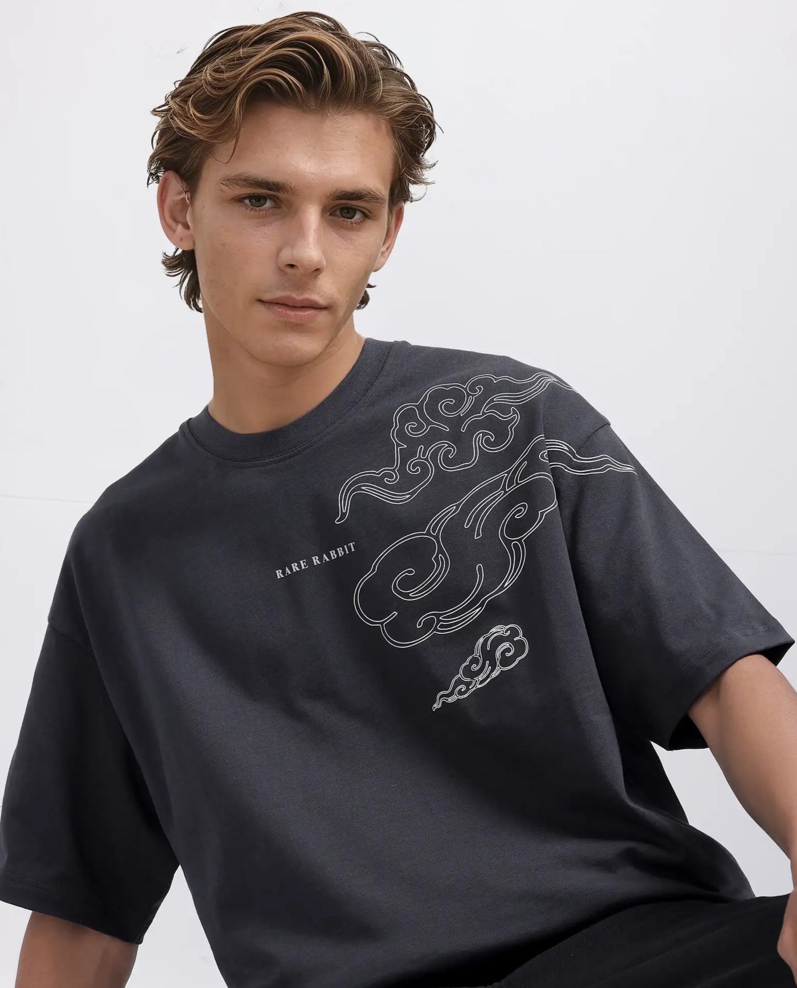 Rare Rabbit Men Zig Dark Grey Cotton Fabric Short Sleeve Crew Neck Slip-On Oversized Fit Graphic Print T-Shirt