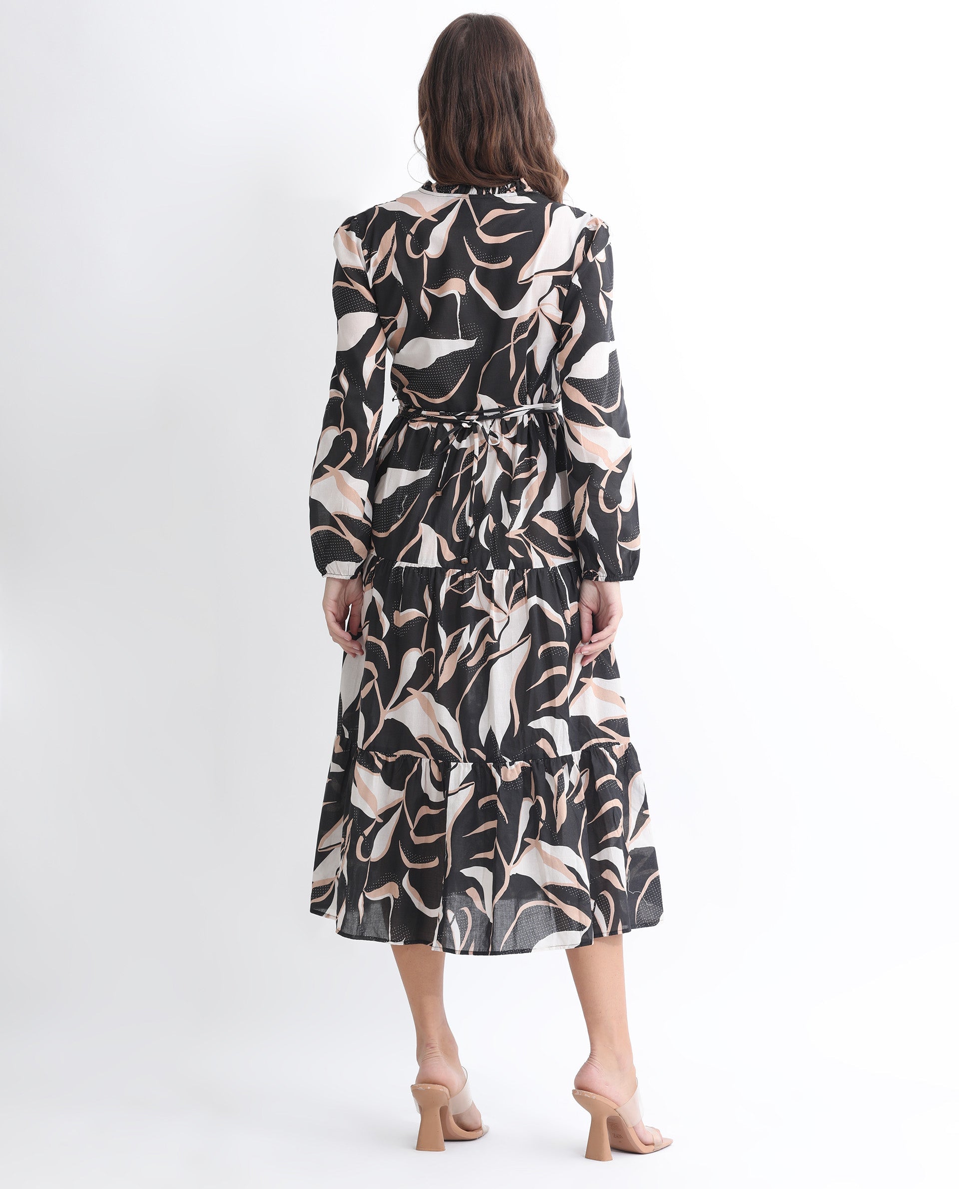 Rareism Women Zigzora Black Cotton Fabric Full Sleeves Ruffled Neck Regular Fit Abstract Print Knee Length A-Line Dress