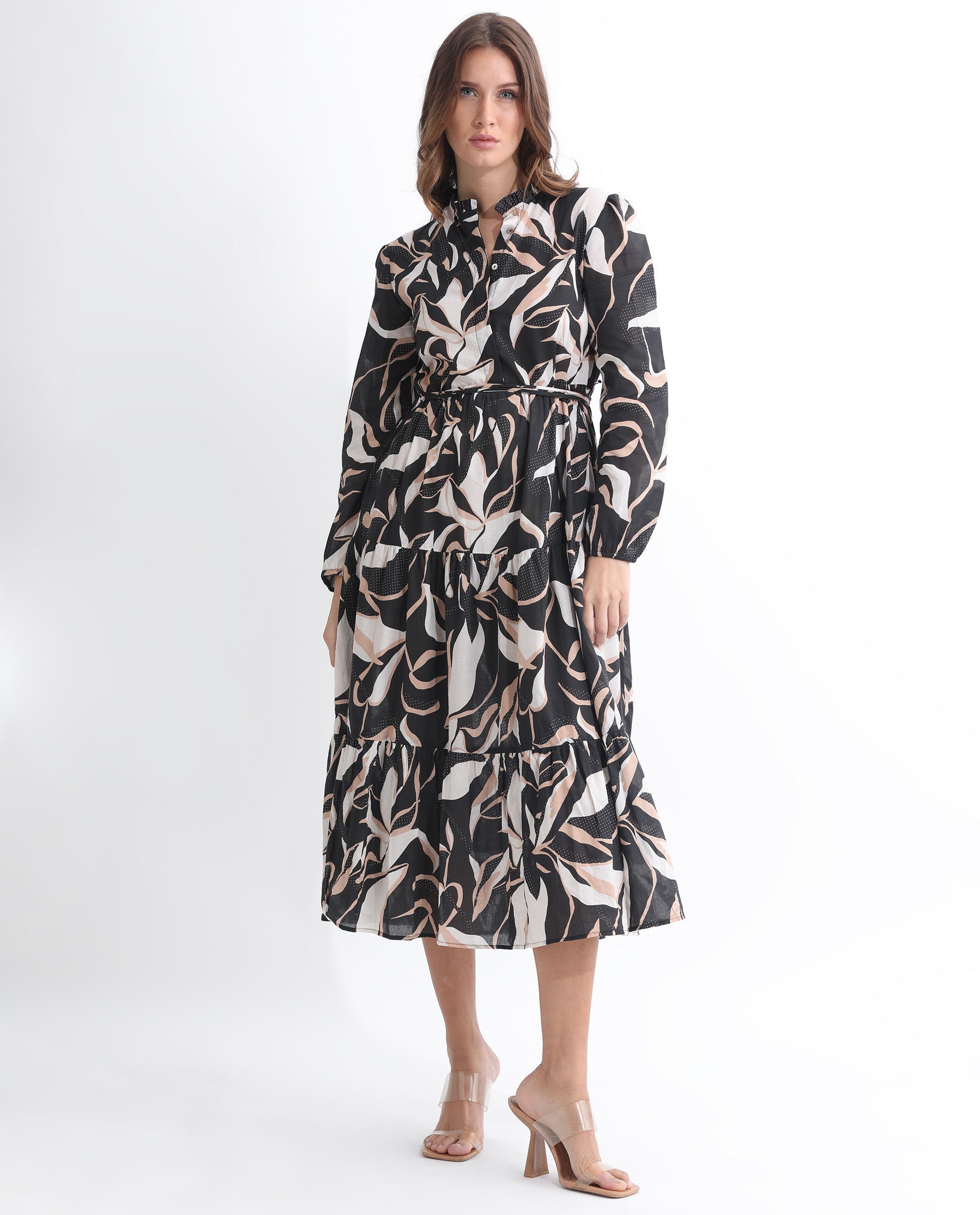Rareism Women Zigzora Black Cotton Fabric Full Sleeves Ruffled Neck Regular Fit Abstract Print Knee Length A-Line Dress