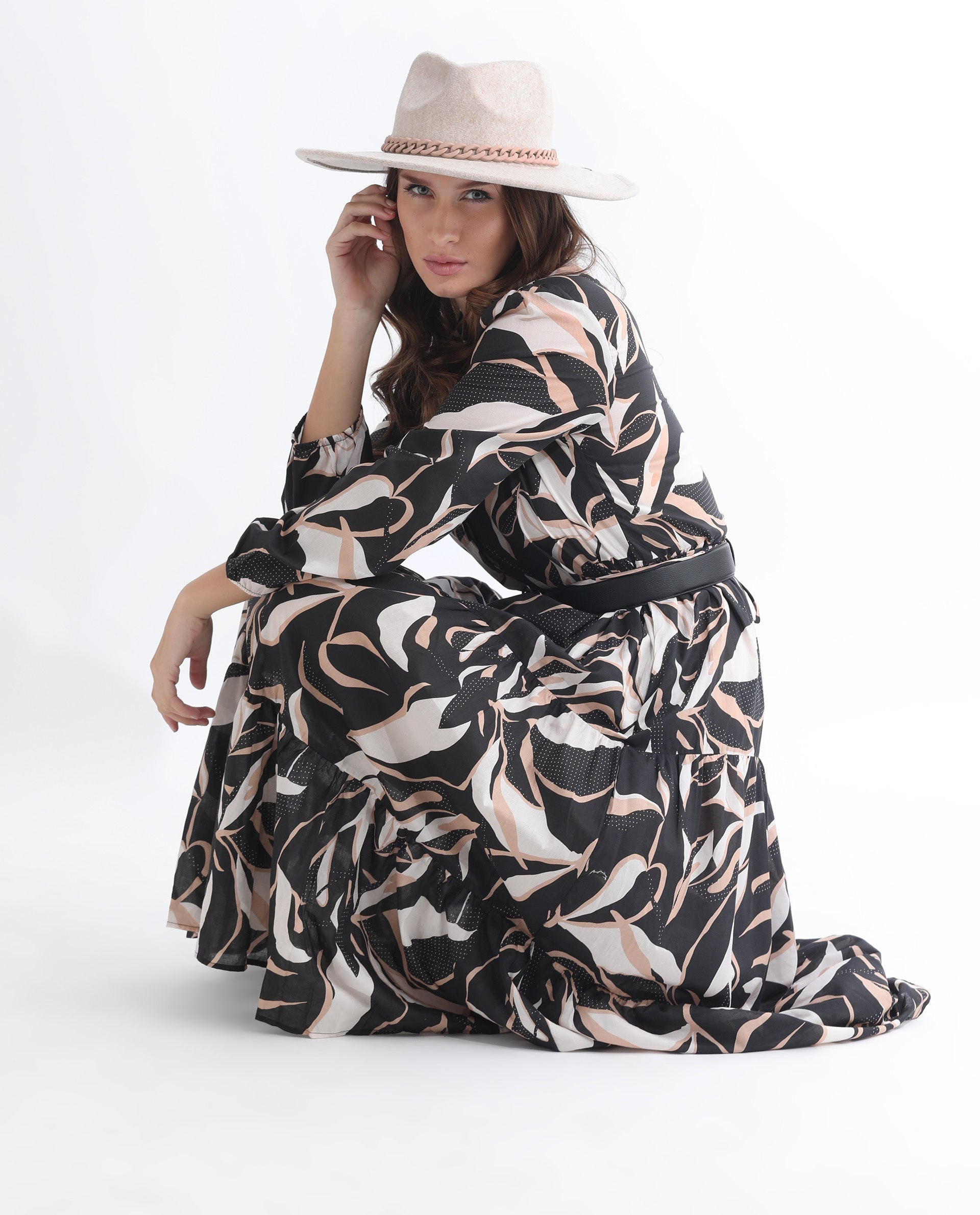 Rareism Women Zigzora Black Cotton Fabric Full Sleeves Ruffled Neck Regular Fit Abstract Print Knee Length A-Line Dress