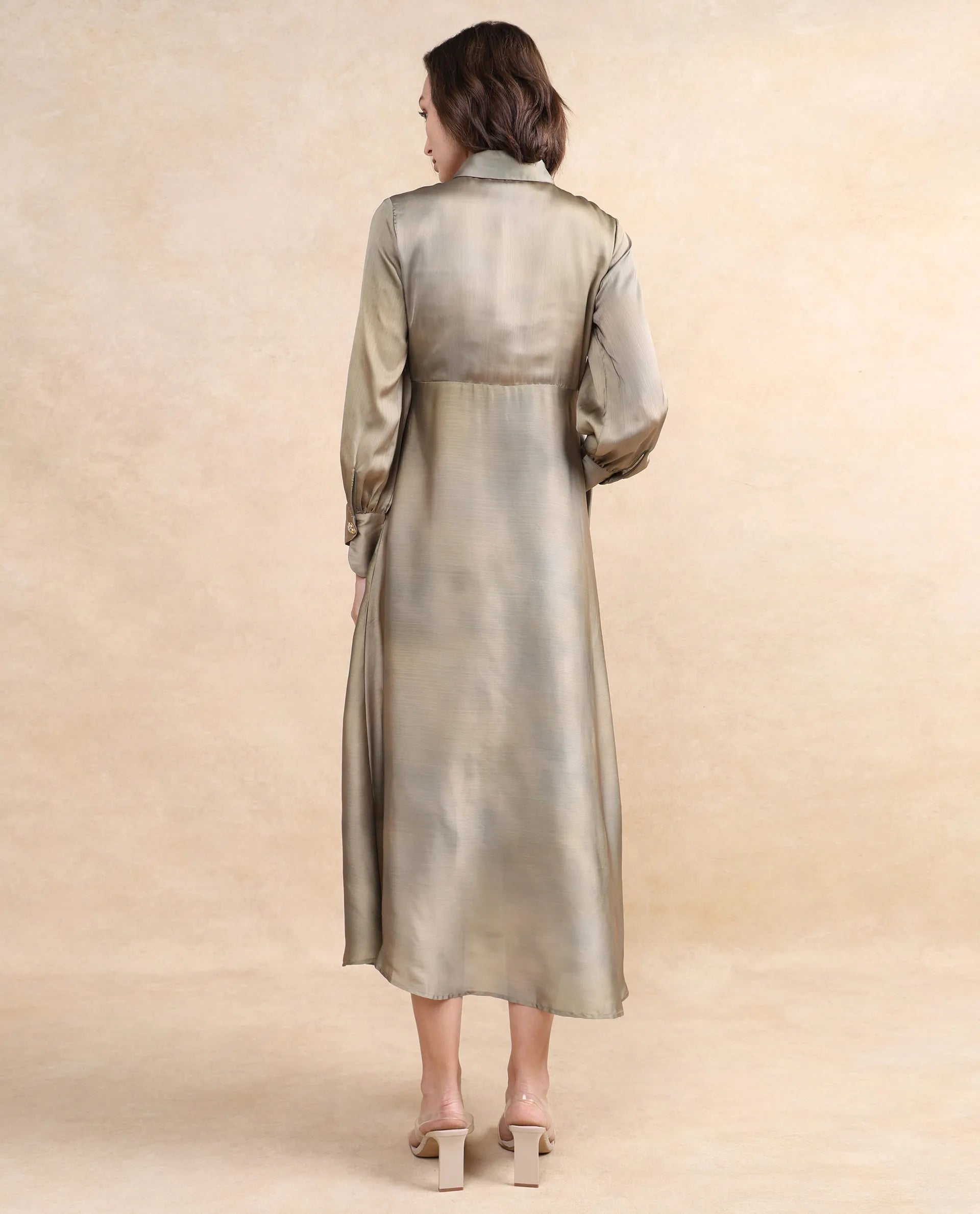 Rareism Women Zihawk Olive Satin Cuffed Sleeve Collared Neck Button Closure Flared Midi Floral Print Dress