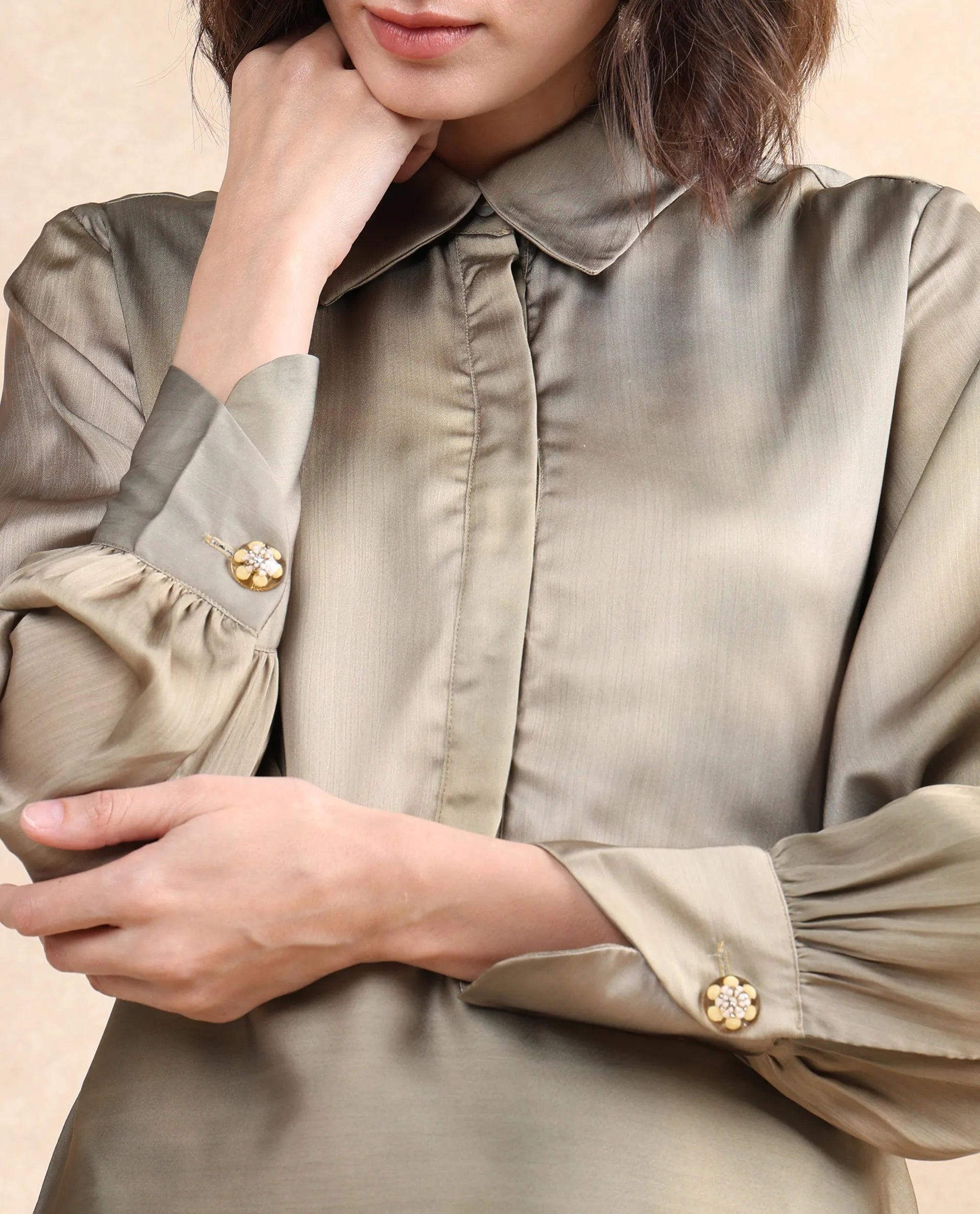 Rareism Women Zihawk Olive Satin Cuffed Sleeve Collared Neck Button Closure Flared Midi Floral Print Dress