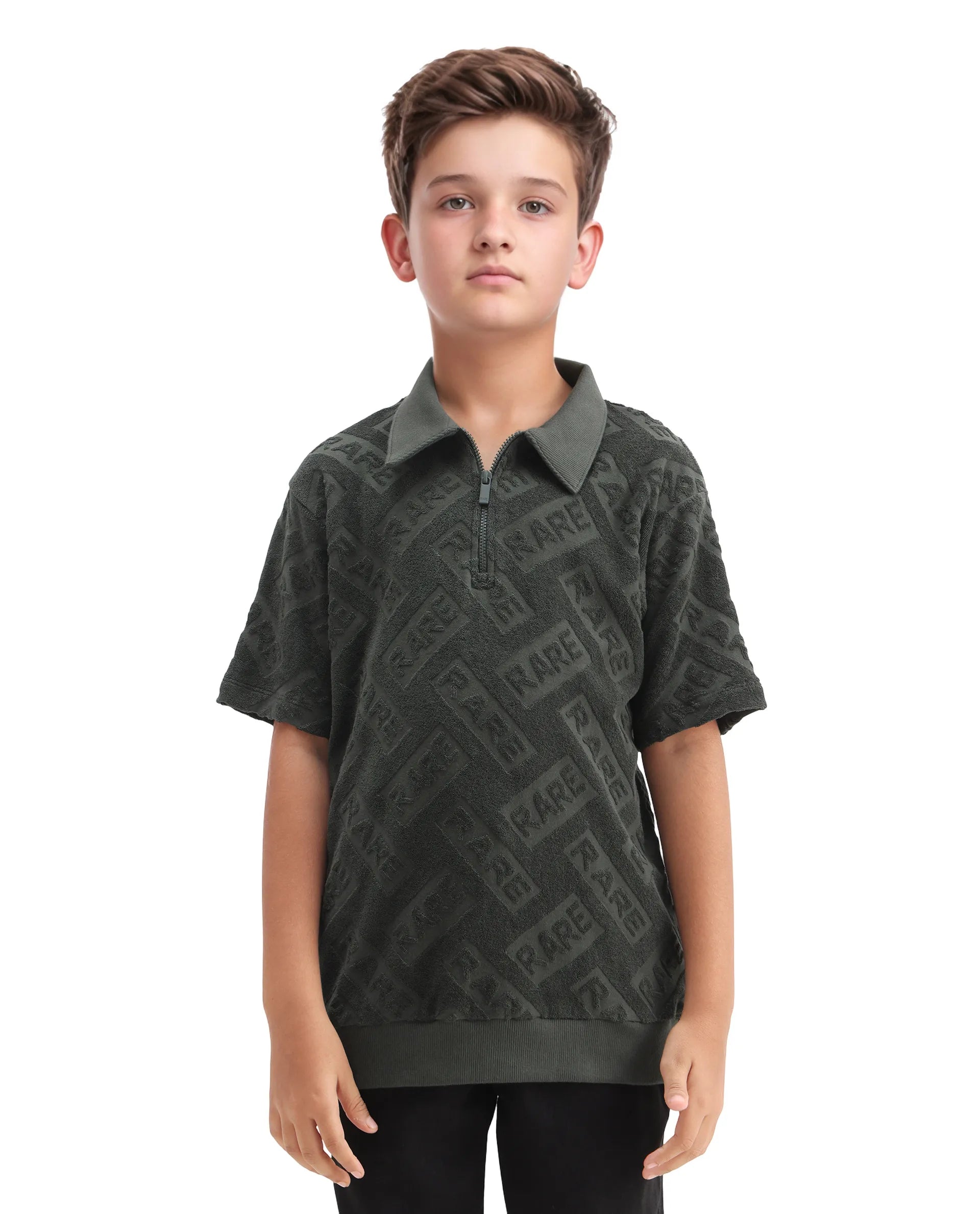 Rare Ones Kids Zilo Olive Cotton Zipper All Over Print Regular Fit Polo