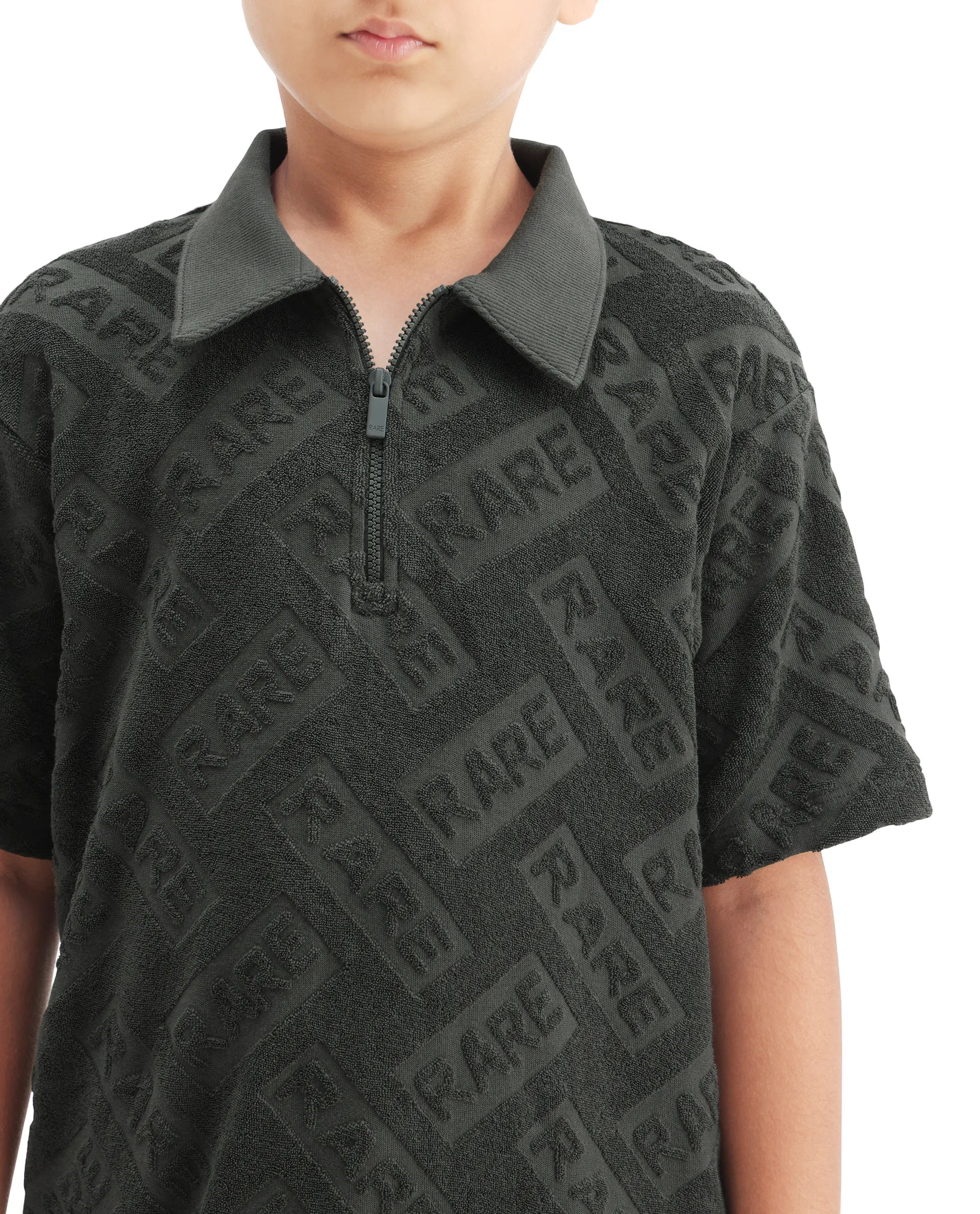 Rare Ones Kids Zilo Olive Cotton Zipper All Over Print Regular Fit Polo