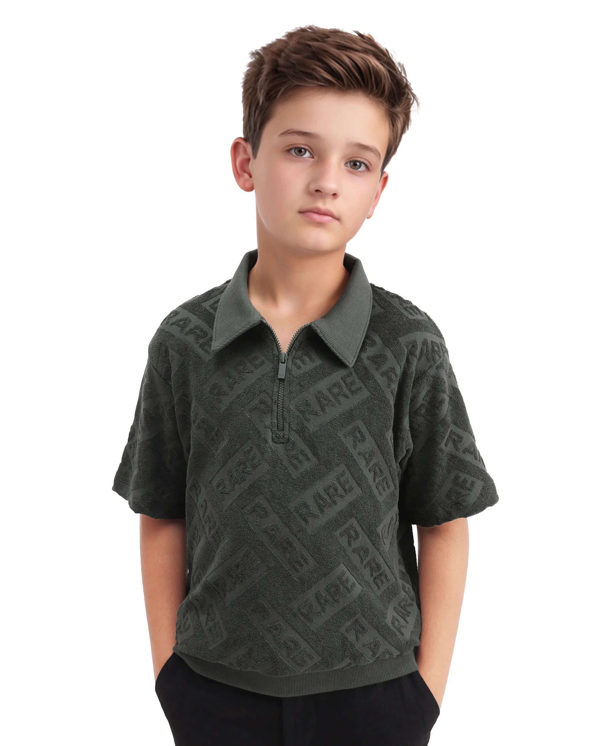 Rare Ones Kids Zilo Olive Cotton Zipper All Over Print Regular Fit Polo
