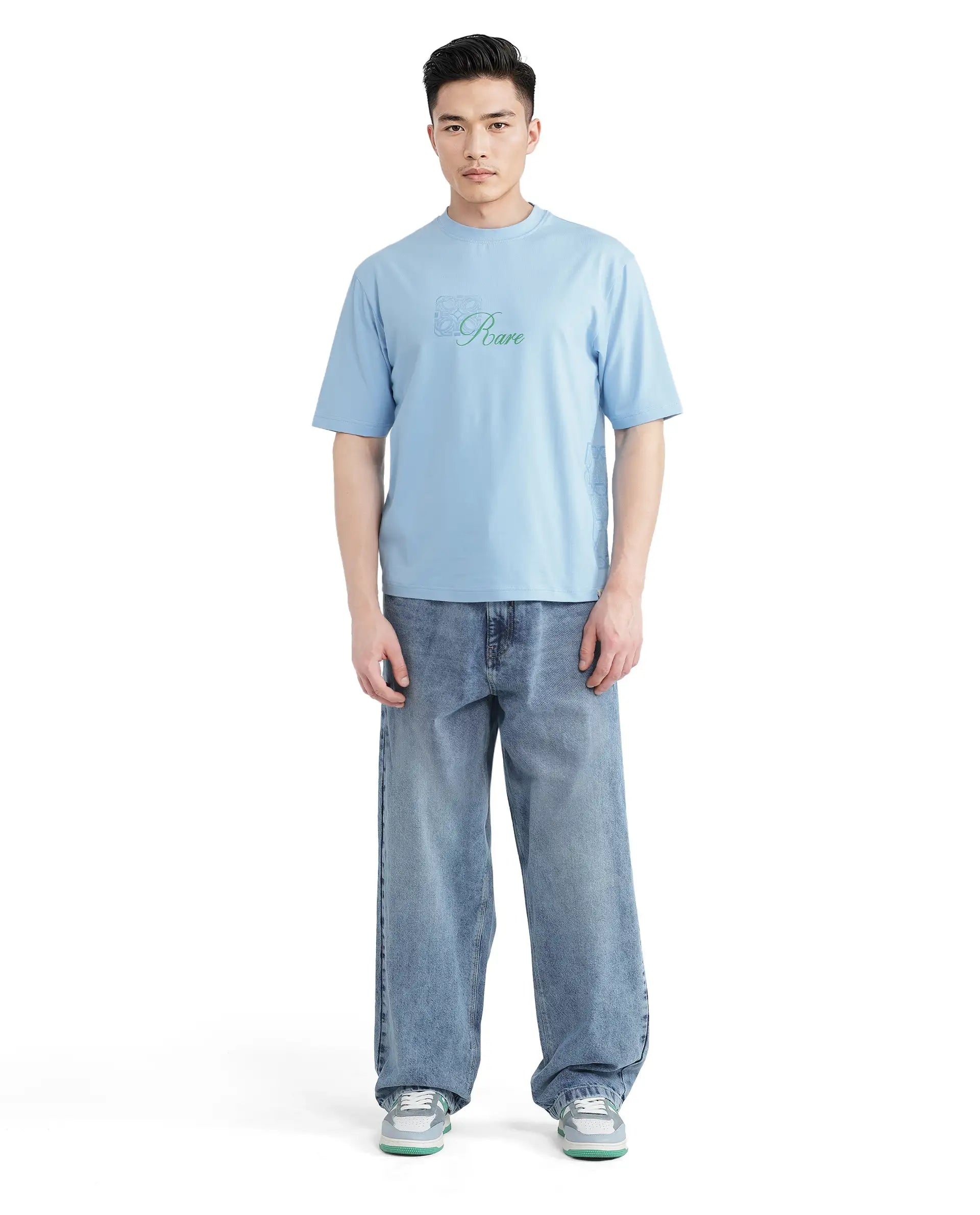 Rare Rabbit Men Zilos Light Blue Cotton Blend Fabric Short Sleeve Crew Neck HD Print T-Shirt