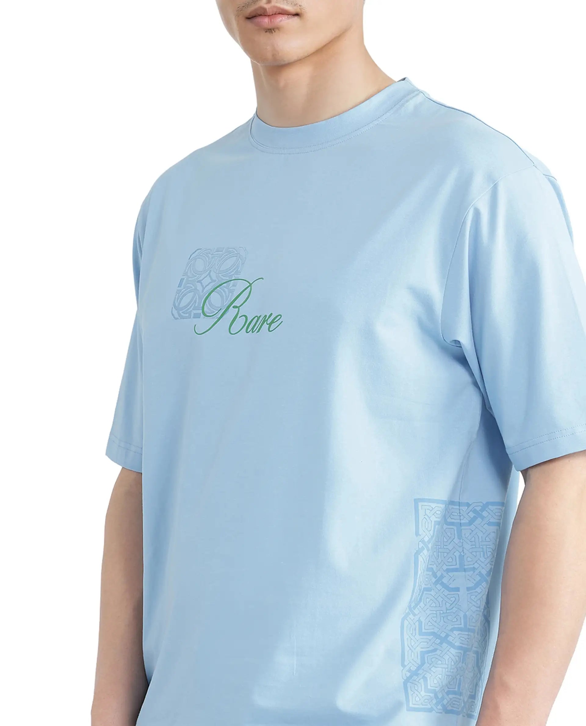 Rare Rabbit Men Zilos Light Blue Cotton Blend Fabric Short Sleeve Crew Neck HD Print T-Shirt