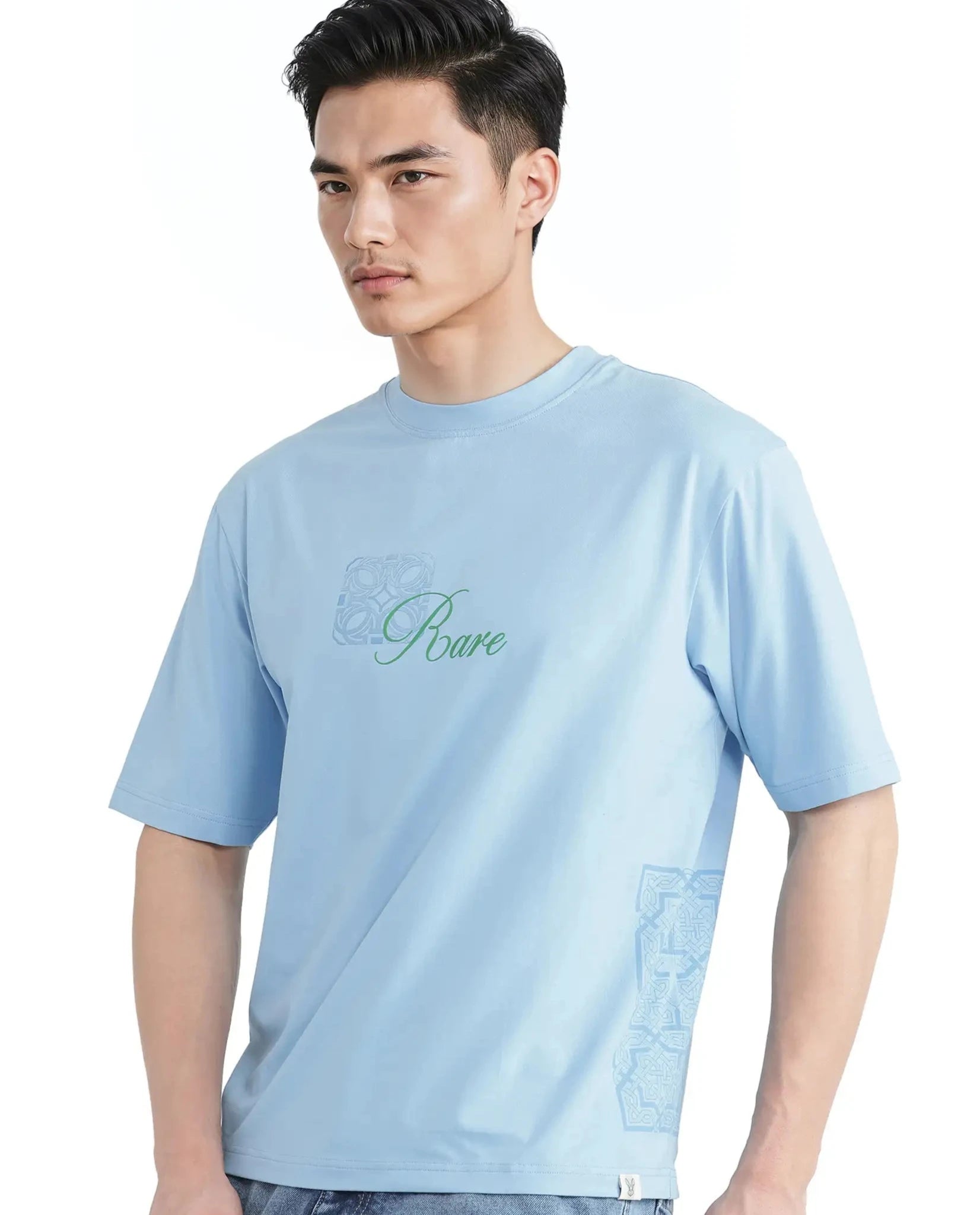 Rare Rabbit Men Zilos Light Blue Cotton Blend Fabric Short Sleeve Crew Neck HD Print T-Shirt