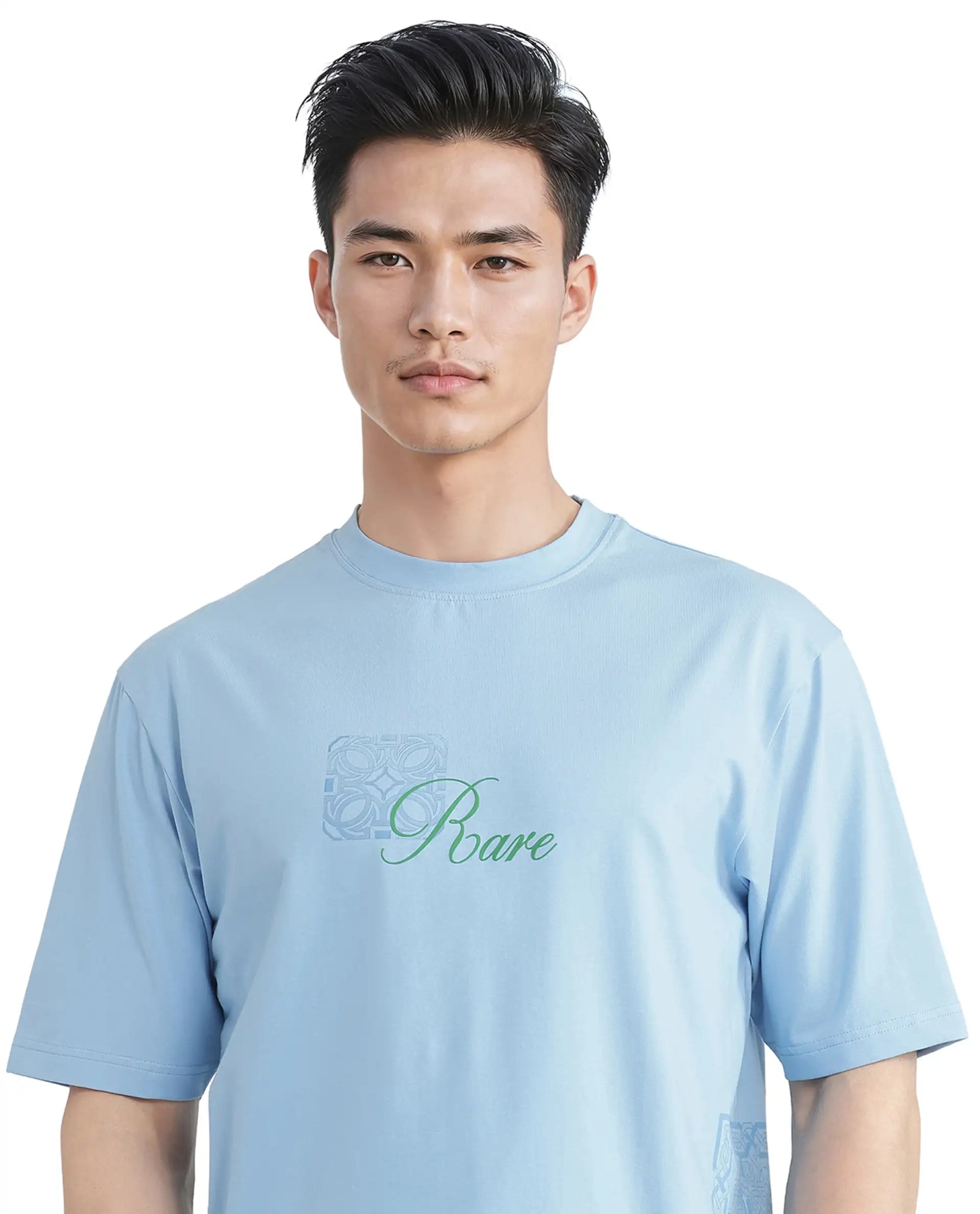 Rare Rabbit Men Zilos Light Blue Cotton Blend Fabric Short Sleeve Crew Neck HD Print T-Shirt