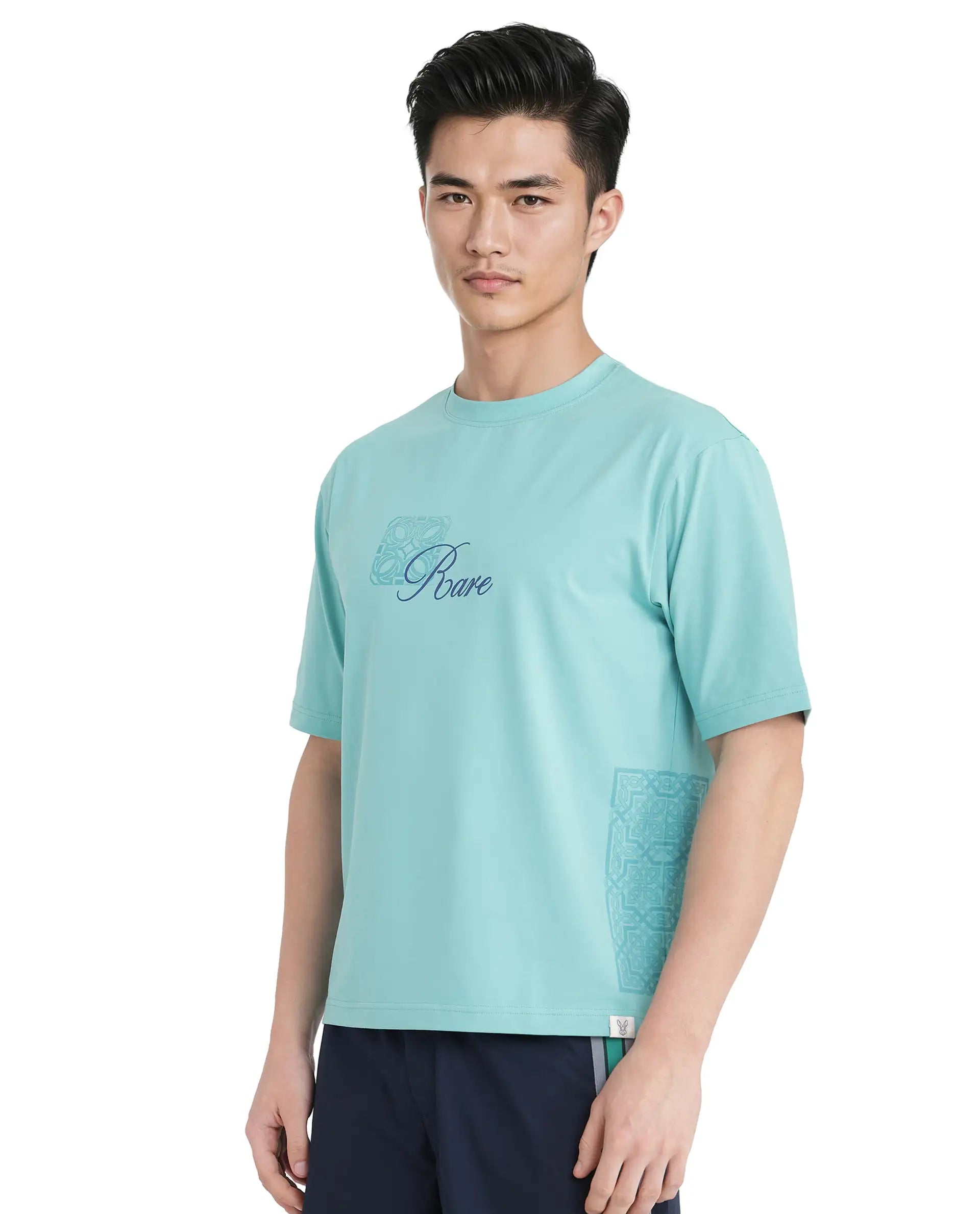 Rare Rabbit Men Zilos Light Green Cotton Blend Fabric Short Sleeve Crew Neck HD Print T-Shirt