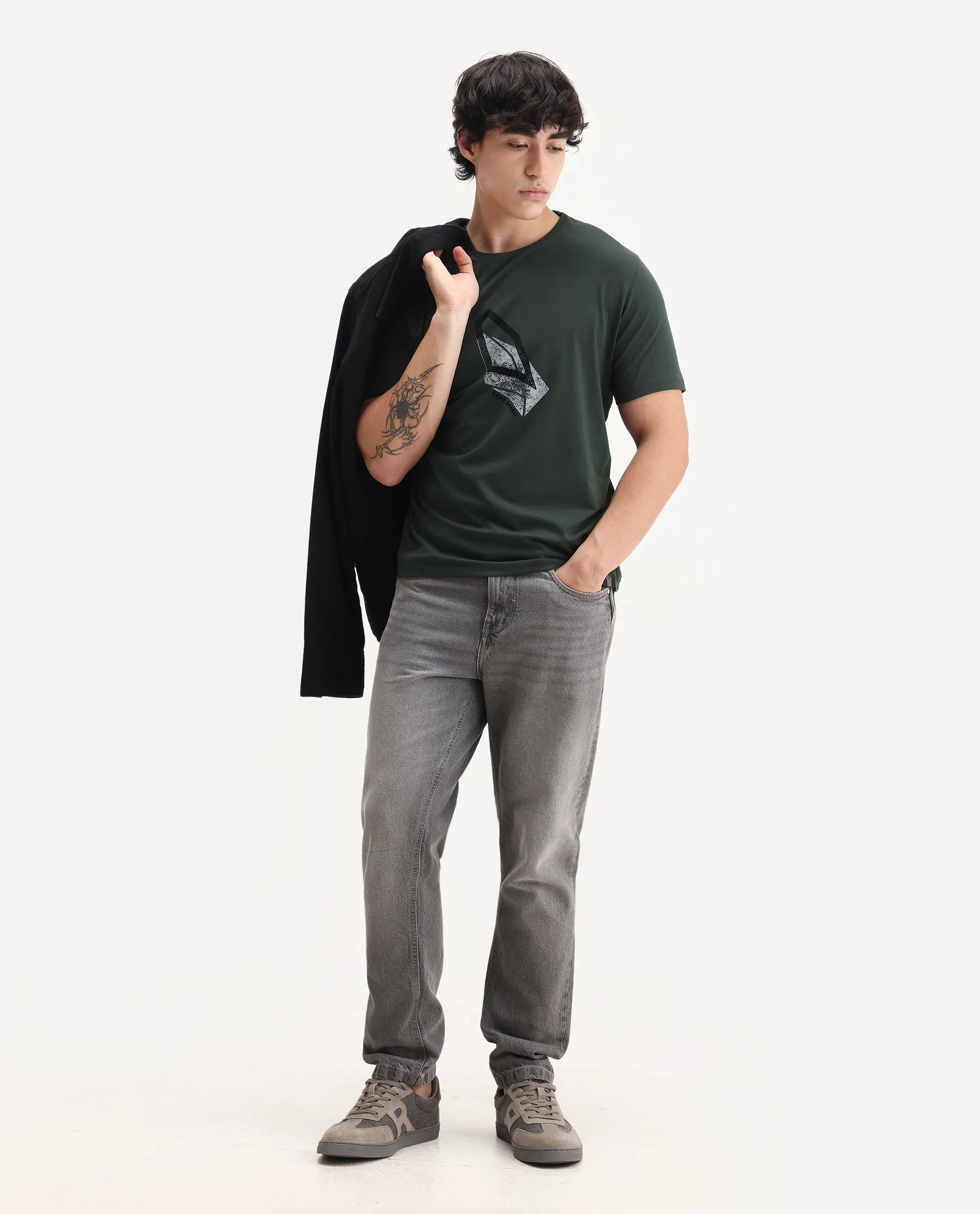 Rare Rabbit Men's Zima Dark Olive Cotton Blend Graphic Print Regular Fit Half Sleeve Crew Neck T-Shirt