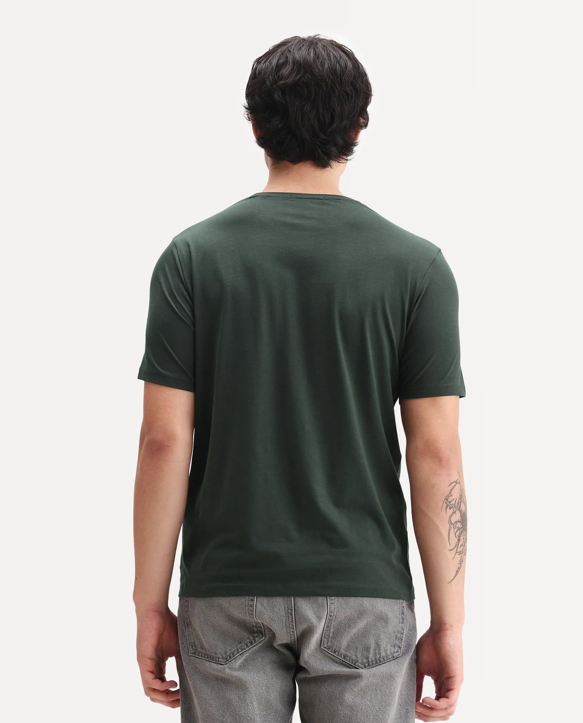 Rare Rabbit Men's Zima Dark Olive Cotton Blend Graphic Print Regular Fit Half Sleeve Crew Neck T-Shirt