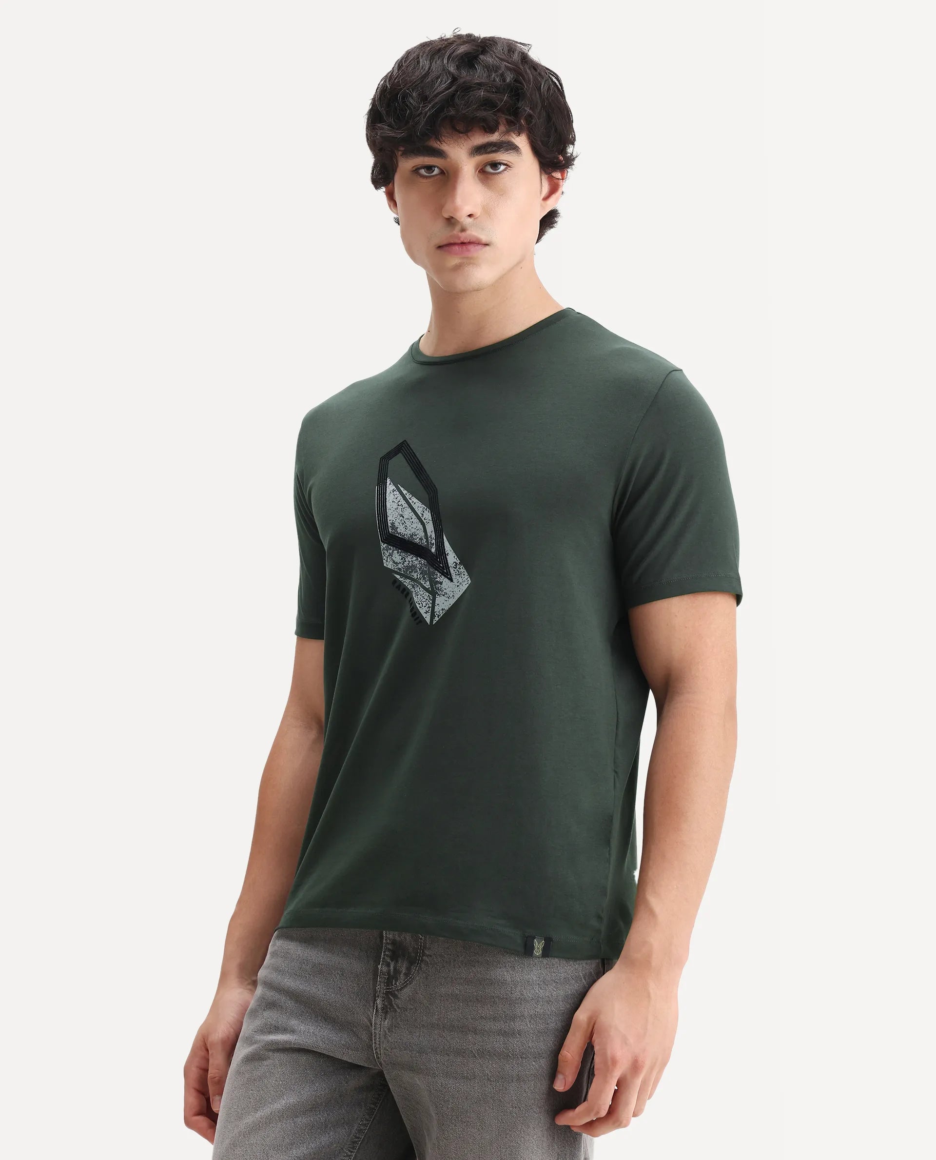 Rare Rabbit Men's Zima Dark Olive Cotton Blend Graphic Print Regular Fit Half Sleeve Crew Neck T-Shirt