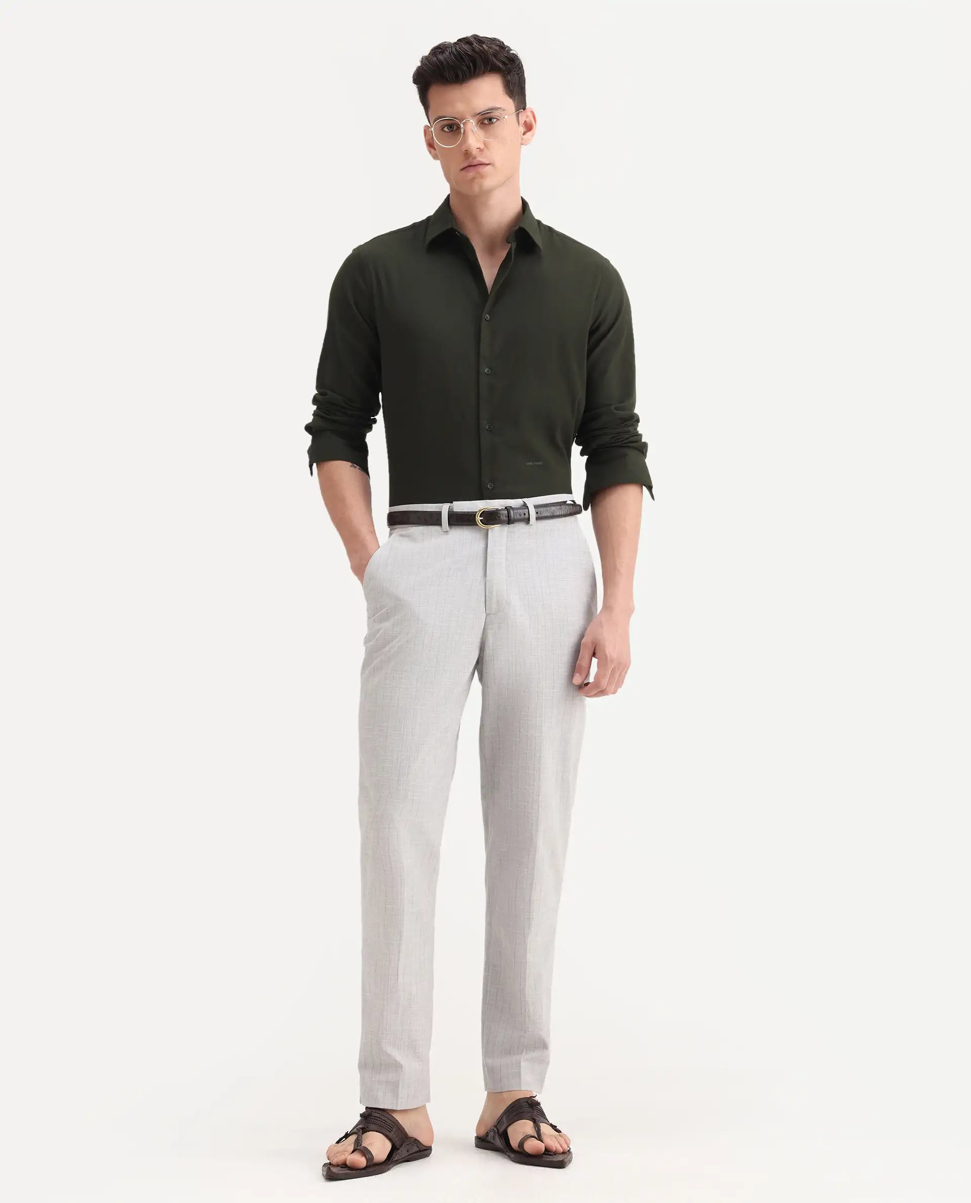 Rare Rabbit Men's Zimba Grey Polyester Blend Striped Print Straight Fit Trouser